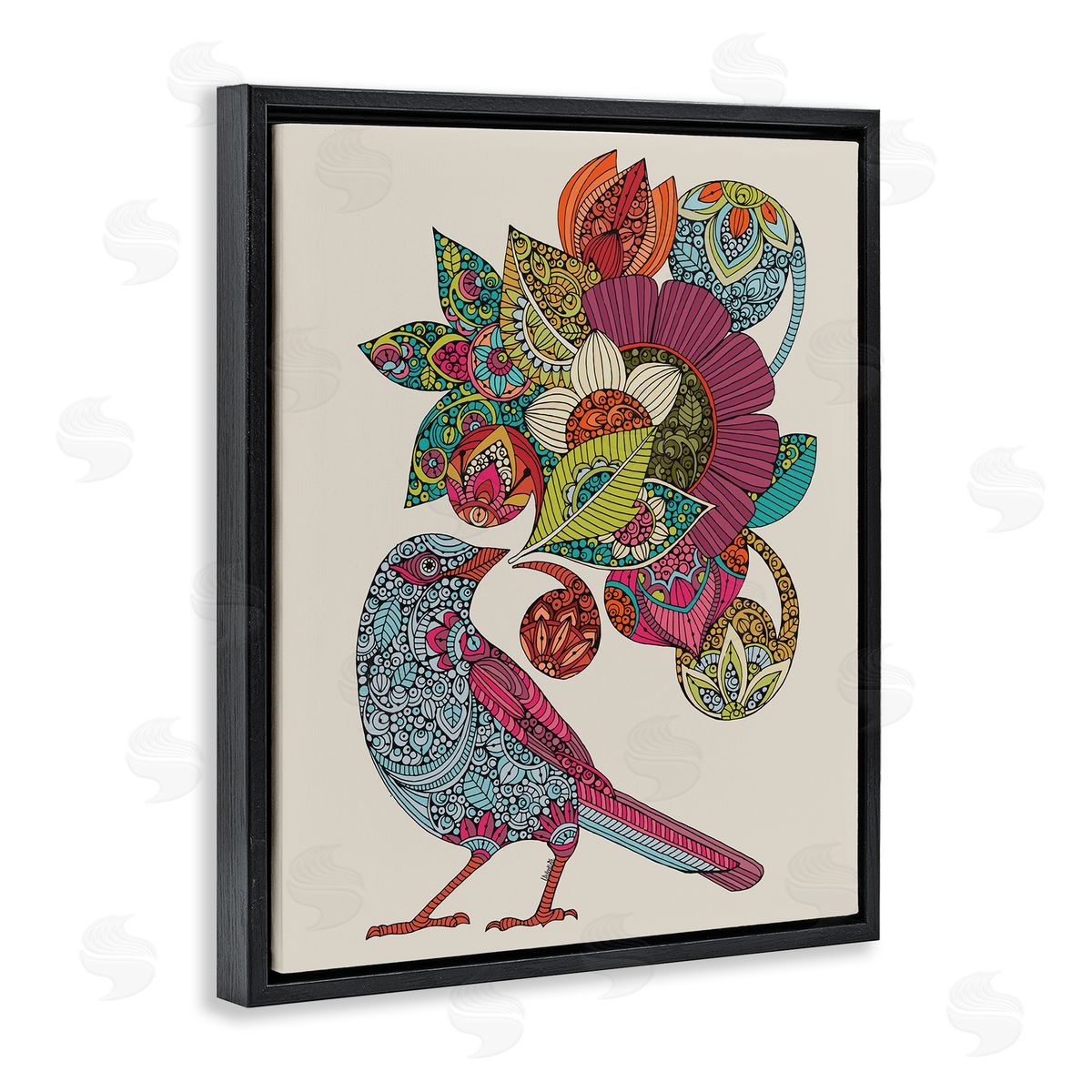 Valentina Harper Abstract Song Bird Paisley Pattern Floral Mandala Black Floating Frame Canvas Wall Art Print