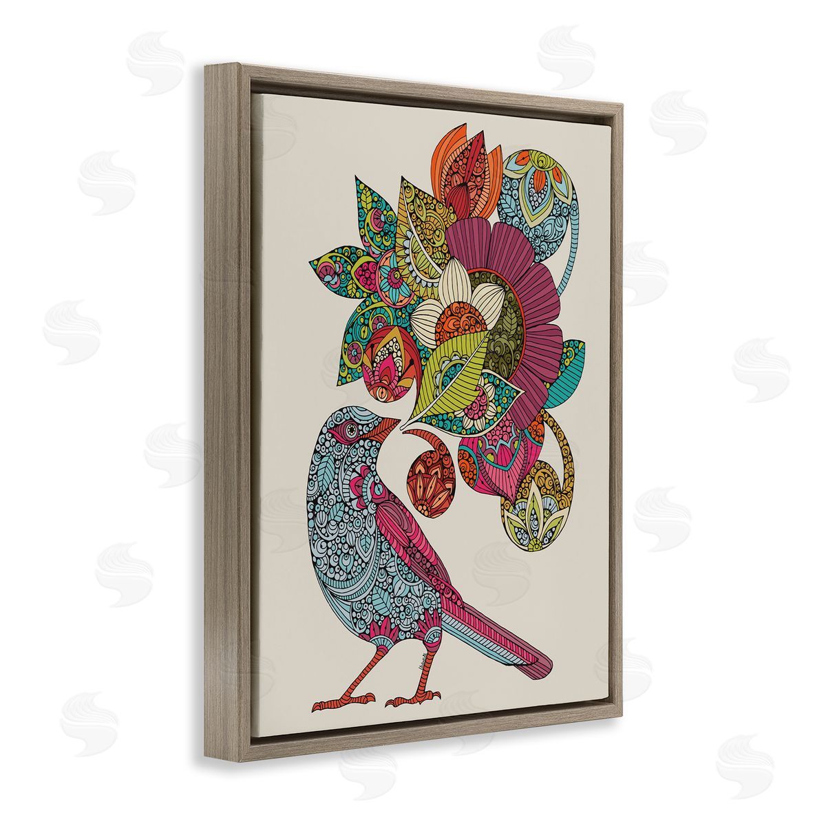 Valentina Harper Abstract Song Bird Paisley Pattern Floral Mandala Brown Floating Frame Canvas Wall Art Print