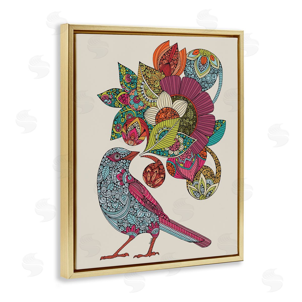 Valentina Harper Abstract Song Bird Paisley Pattern Floral Mandala Gold Floating Frame Canvas Wall Art Print