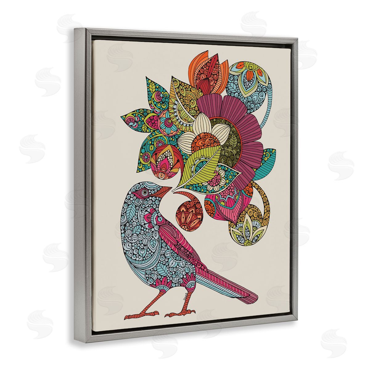 Valentina Harper Abstract Song Bird Paisley Pattern Floral Mandala Gray Floating Frame Canvas Wall Art Print
