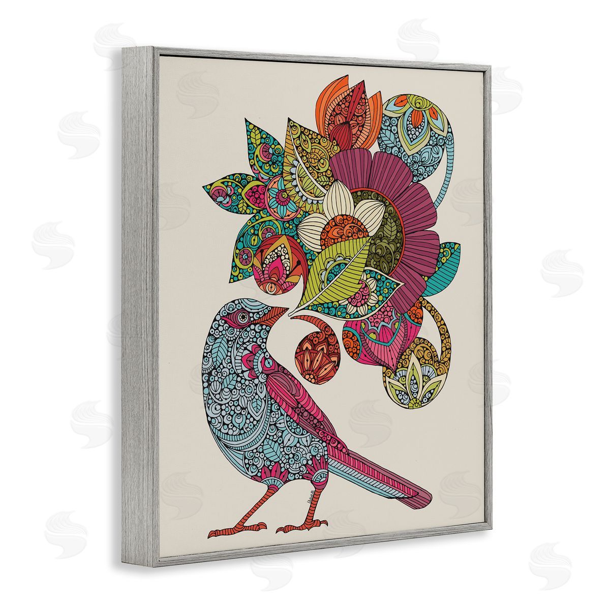Valentina Harper Abstract Song Bird Paisley Pattern Floral Mandala Gray Framed Giclee Wall Art Print