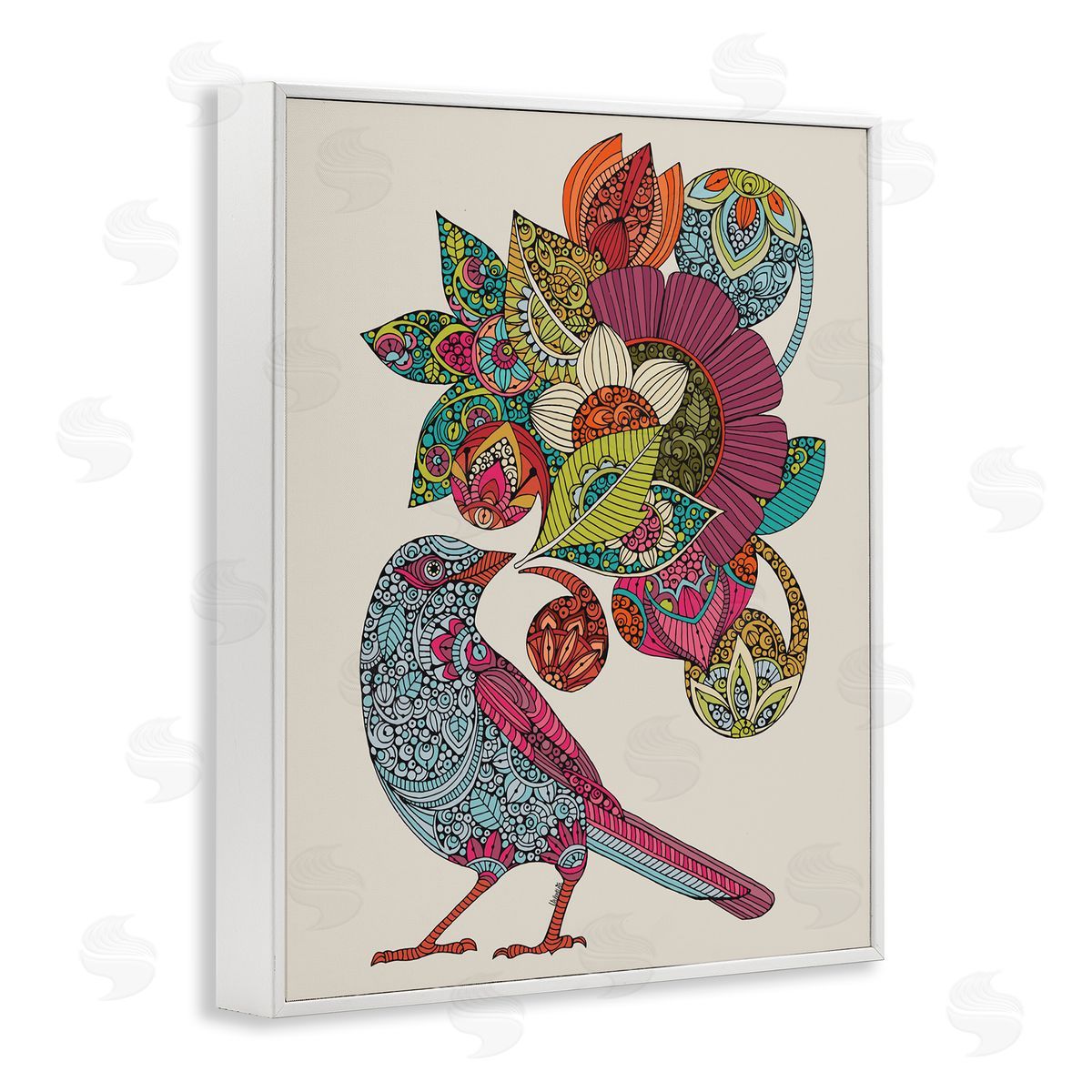 Valentina Harper Abstract Song Bird Paisley Pattern Floral Mandala White Framed Giclee Wall Art Print