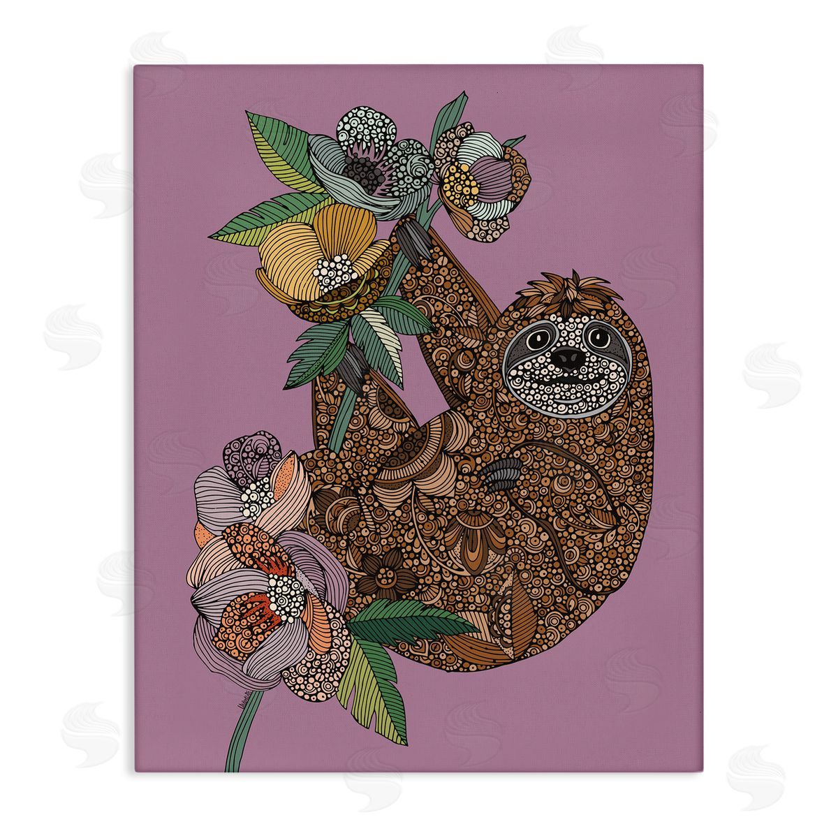 Valentina Harper Sloth Hanging Flower Blossoms Intricate Fractals Pattern Stretched Canvas Wall Art Print