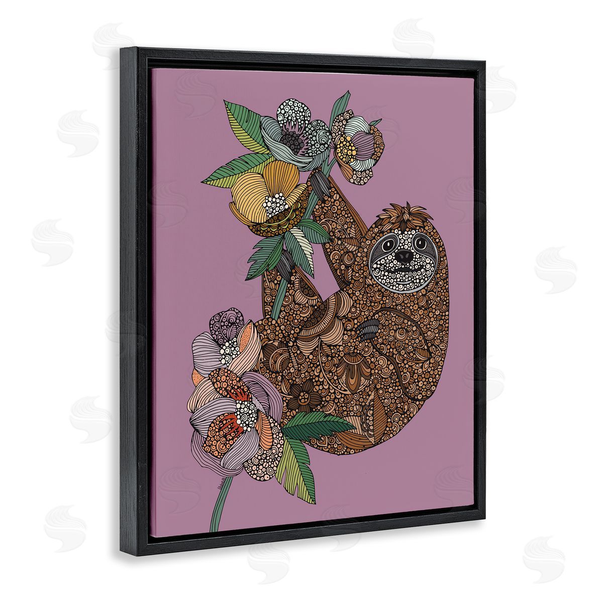 Valentina Harper Sloth Hanging Flower Blossoms Intricate Fractals Pattern Black Floating Frame Canvas Wall Art Print