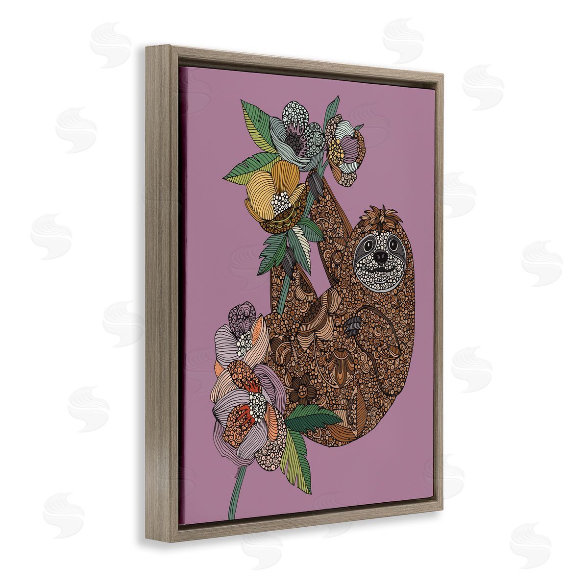 Valentina Harper Sloth Hanging Flower Blossoms Intricate Fractals Pattern Brown Floating Frame Canvas Wall Art Print