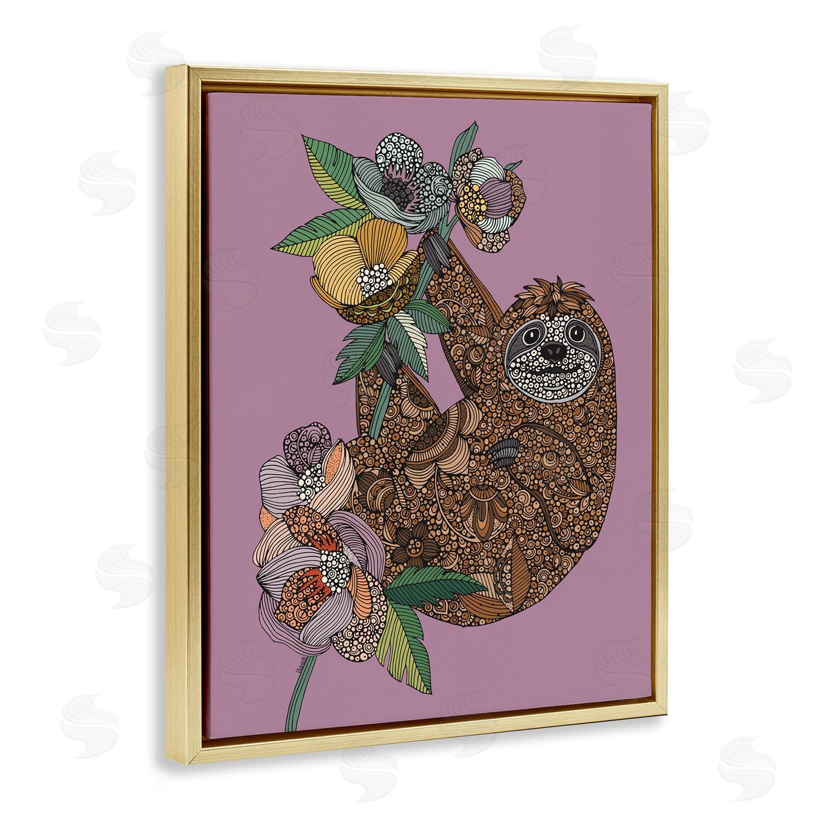 Valentina Harper Sloth Hanging Flower Blossoms Intricate Fractals Pattern Gold Floating Frame Canvas Wall Art Print
