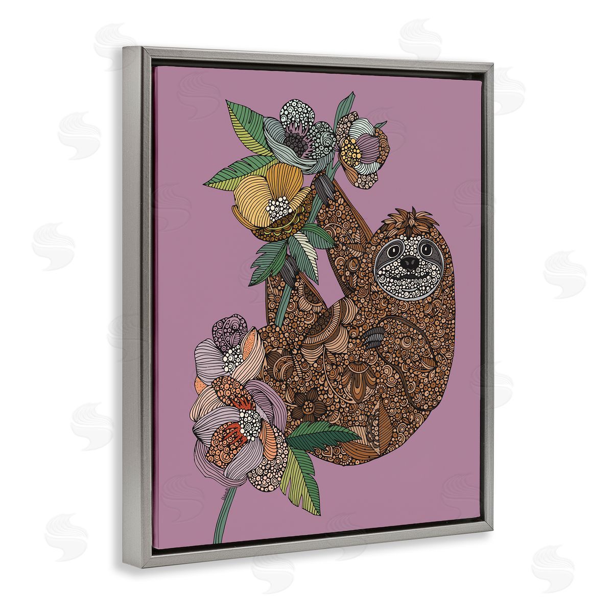 Valentina Harper Sloth Hanging Flower Blossoms Intricate Fractals Pattern Gray Floating Frame Canvas Wall Art Print
