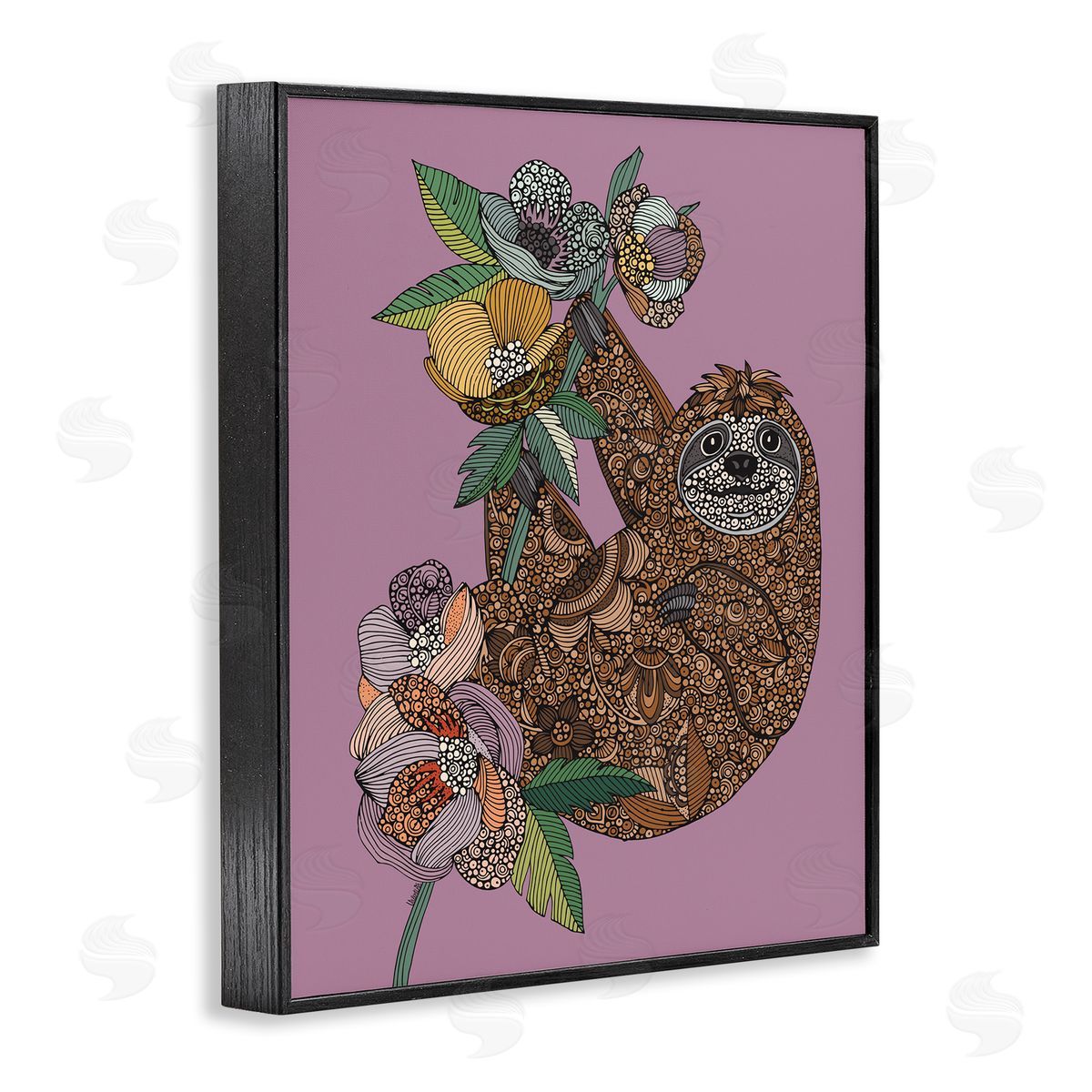 Valentina Harper Sloth Hanging Flower Blossoms Intricate Fractals Pattern Black Framed Giclee Wall Art Print