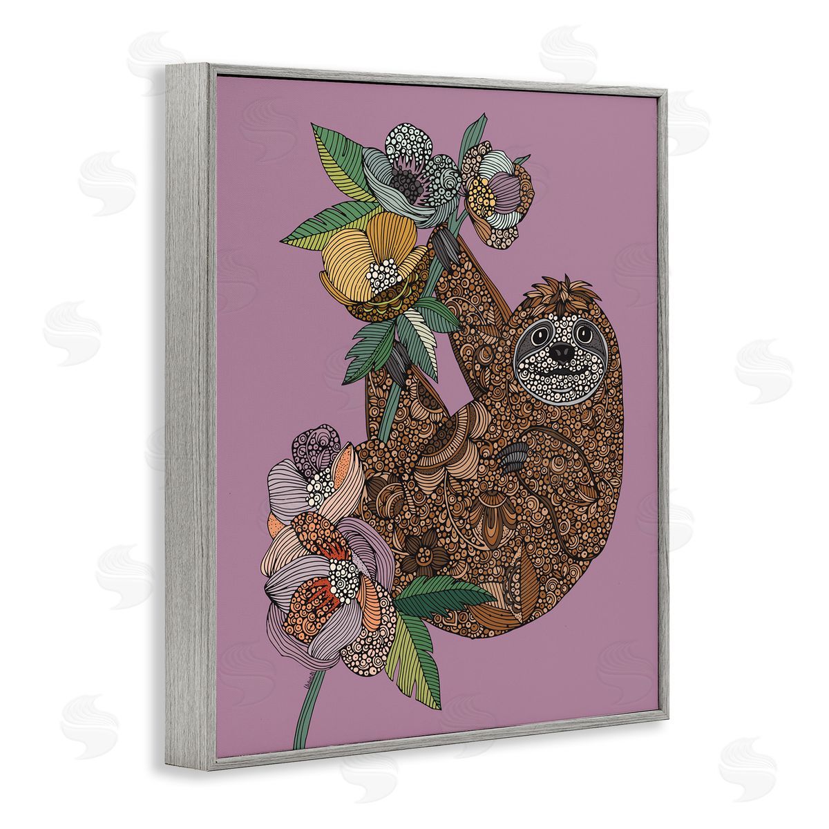 Valentina Harper Sloth Hanging Flower Blossoms Intricate Fractals Pattern Gray Framed Giclee Wall Art Print