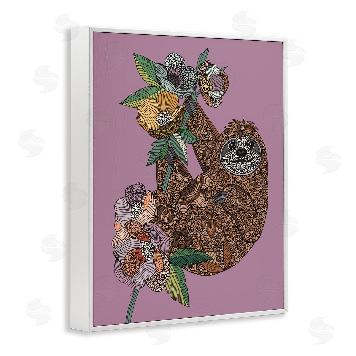 Valentina Harper Sloth Hanging Flower Blossoms Intricate Fractals Pattern White Framed Giclee Wall Art Print