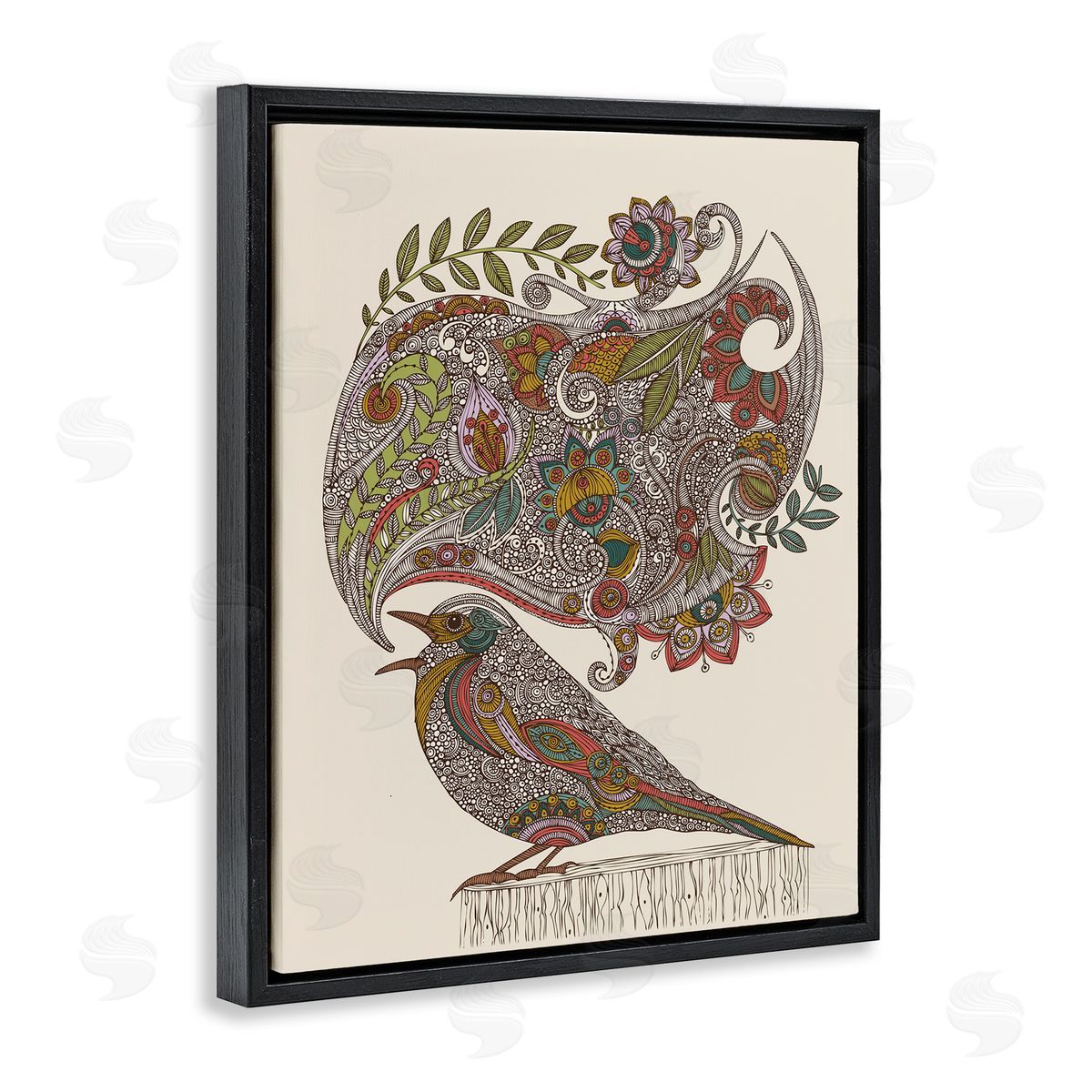Valentina Harper Song Bird Complex Paisley Patterns Botanical Leaves Black Floating Frame Canvas Wall Art Print