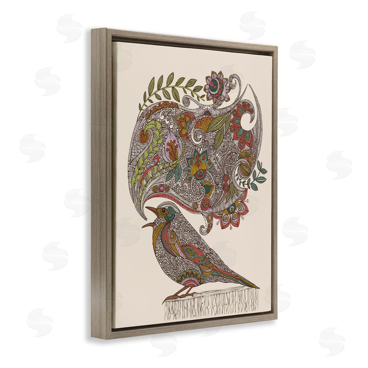 Valentina Harper Song Bird Complex Paisley Patterns Botanical Leaves Brown Floating Frame Canvas Wall Art Print