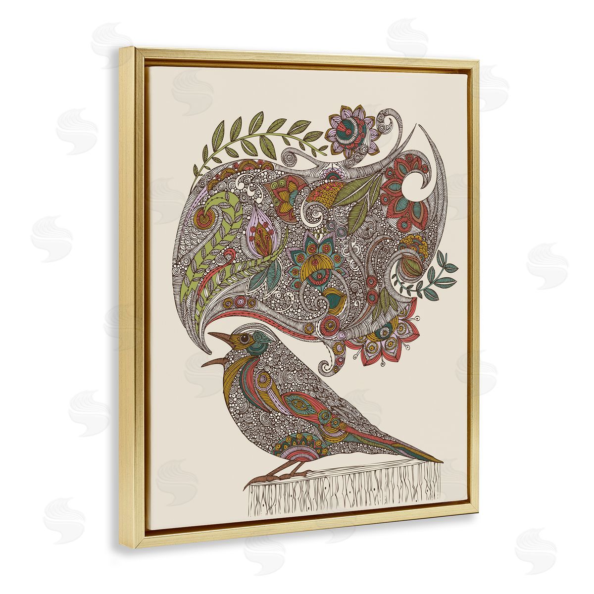 Valentina Harper Song Bird Complex Paisley Patterns Botanical Leaves Gold Floating Frame Canvas Wall Art Print