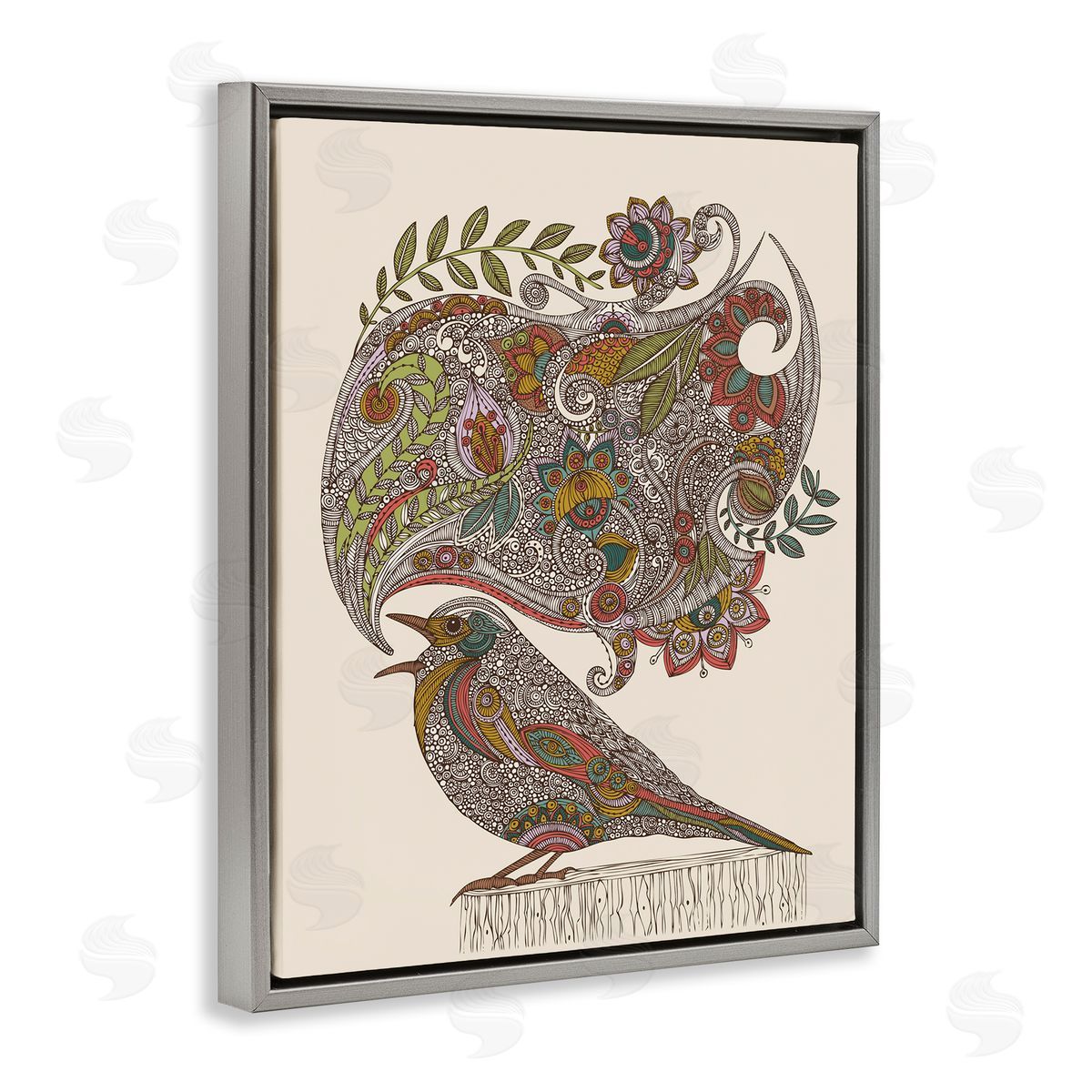 Valentina Harper Song Bird Complex Paisley Patterns Botanical Leaves Gray Floating Frame Canvas Wall Art Print