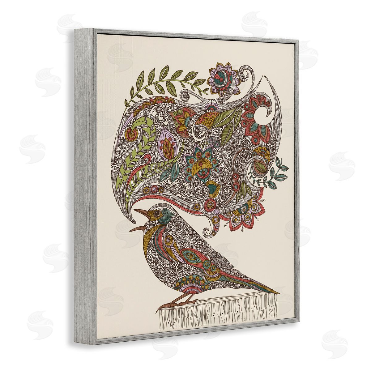 Valentina Harper Song Bird Complex Paisley Patterns Botanical Leaves Gray Framed Giclee Wall Art Print