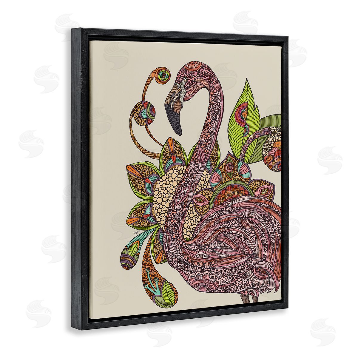 Valentina Harper Flamingo Bold Paisley Botanicals Complex Floral Details Black Floating Frame Canvas Wall Art Print