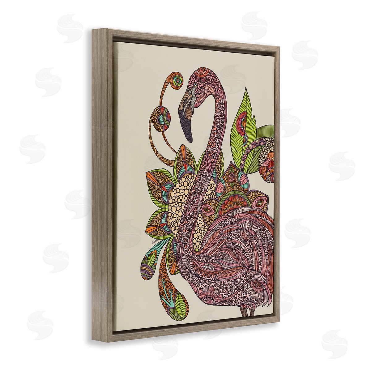 Valentina Harper Flamingo Bold Paisley Botanicals Complex Floral Details Brown Floating Frame Canvas Wall Art Print