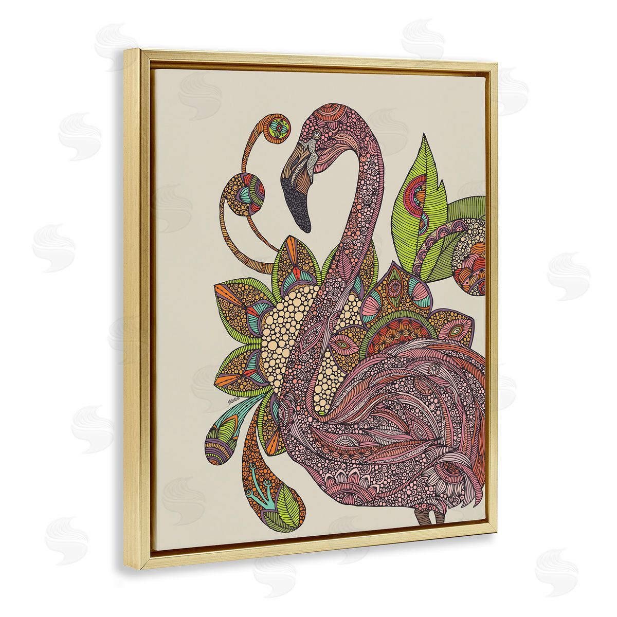 Valentina Harper Flamingo Bold Paisley Botanicals Complex Floral Details Gold Floating Frame Canvas Wall Art Print