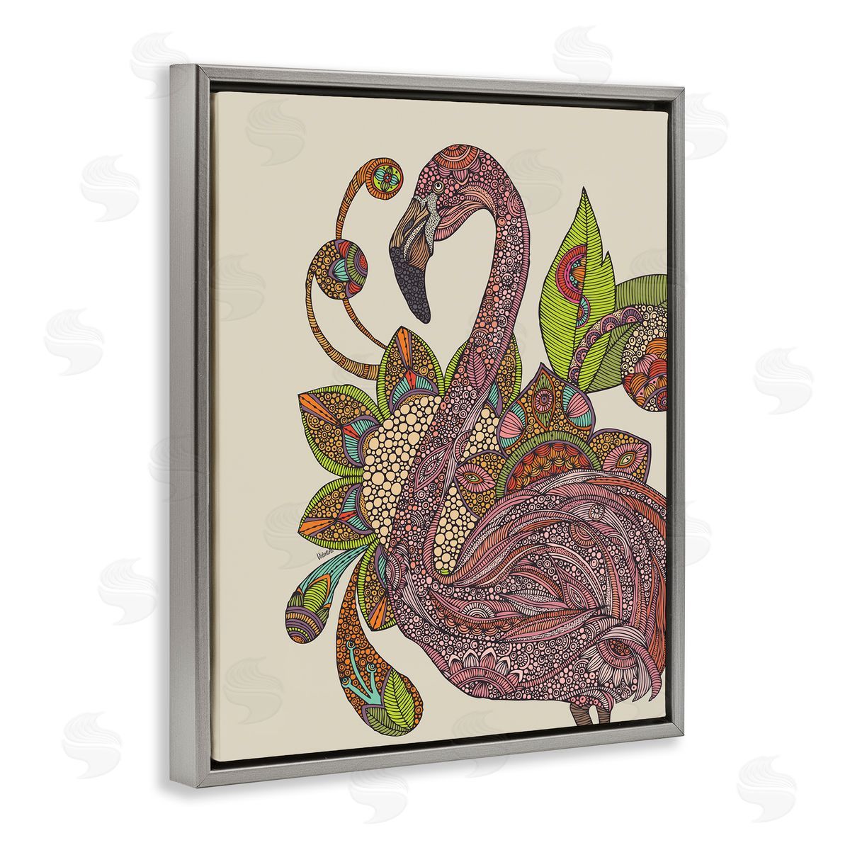 Valentina Harper Flamingo Bold Paisley Botanicals Complex Floral Details Gray Floating Frame Canvas Wall Art Print
