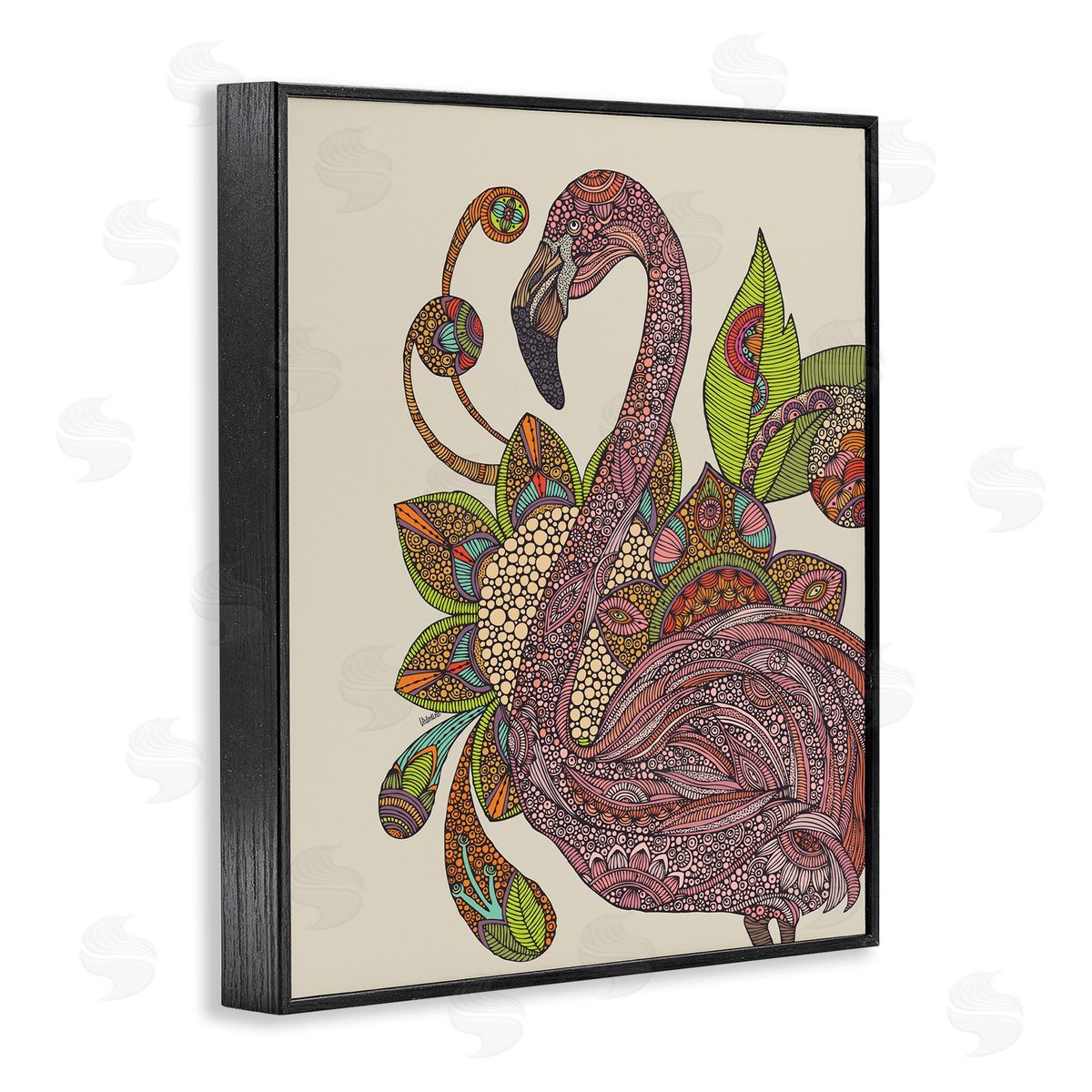 Valentina Harper Flamingo Bold Paisley Botanicals Complex Floral Details Black Framed Giclee Wall Art Print