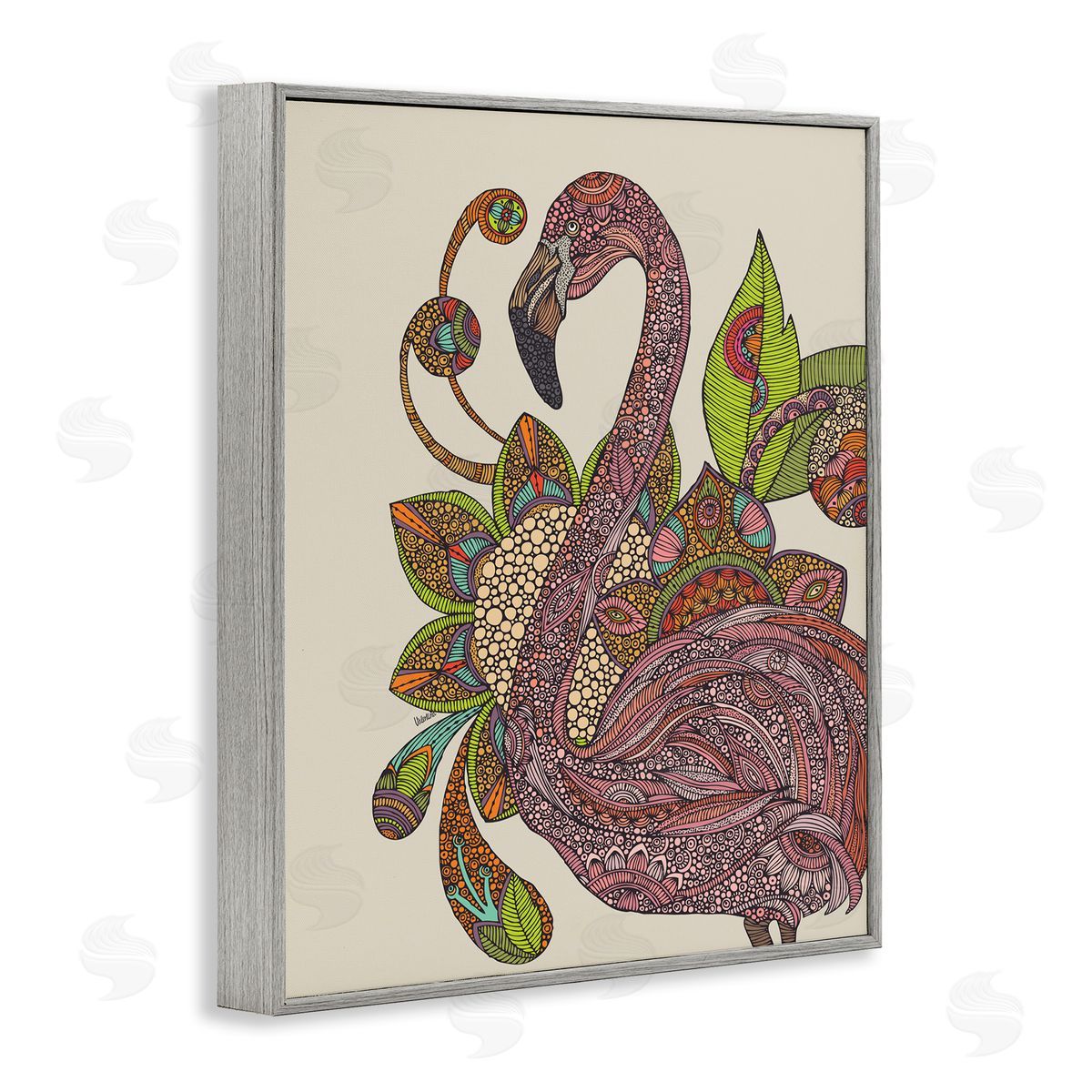 Valentina Harper Flamingo Bold Paisley Botanicals Complex Floral Details Gray Framed Giclee Wall Art Print
