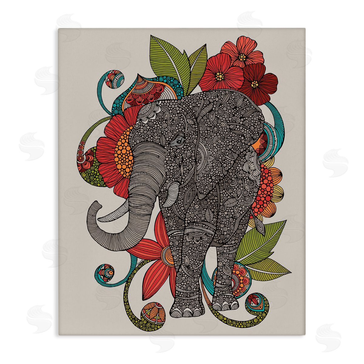 Valentina Harper Wild Elephant Surrounded Elaborate Flower Mandala Patterns Stretched Canvas Wall Art Print