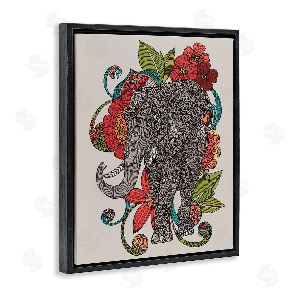 Valentina Harper Wild Elephant Surrounded Elaborate Flower Mandala Patterns Black Floating Frame Canvas Wall Art Print