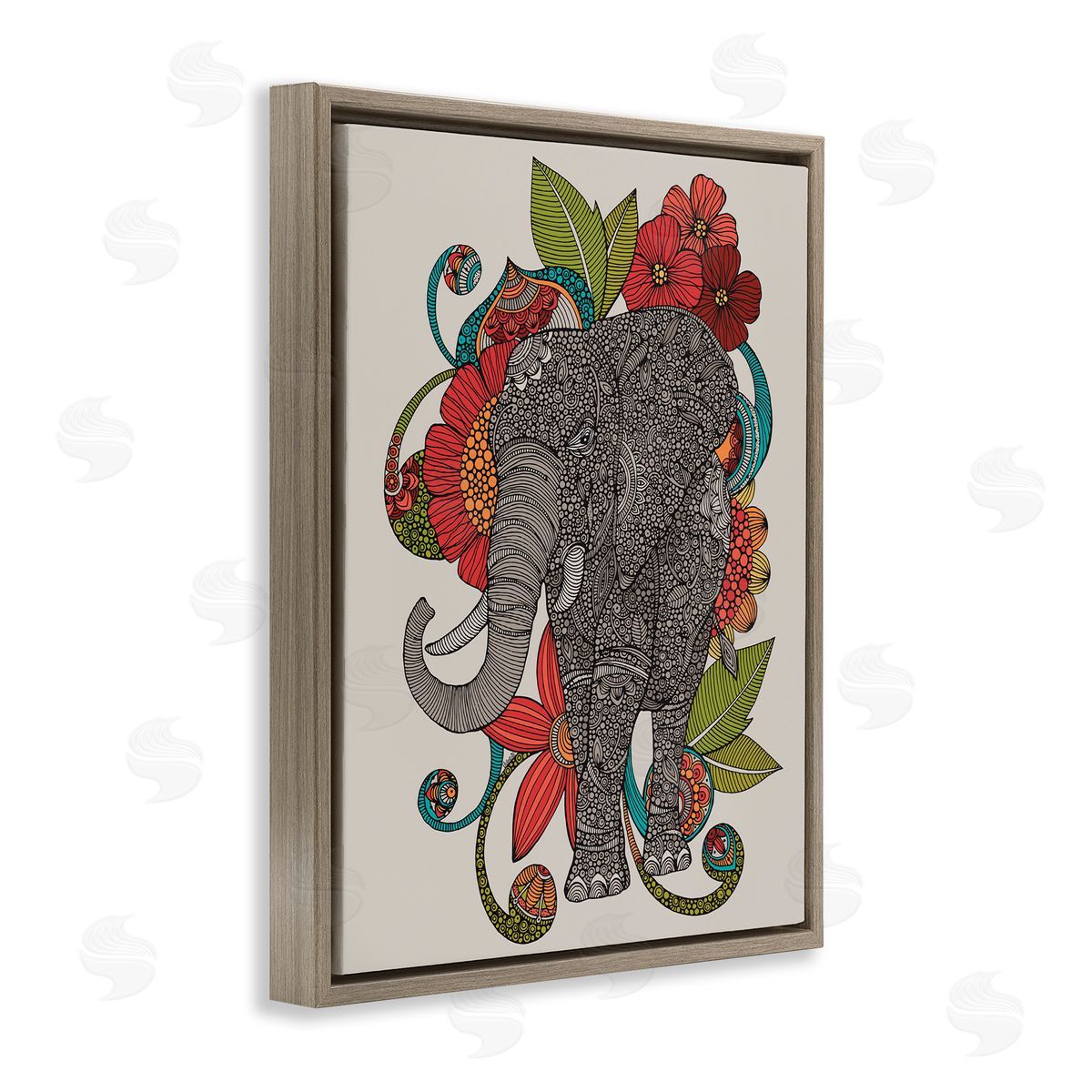 Valentina Harper Wild Elephant Surrounded Elaborate Flower Mandala Patterns Brown Floating Frame Canvas Wall Art Print