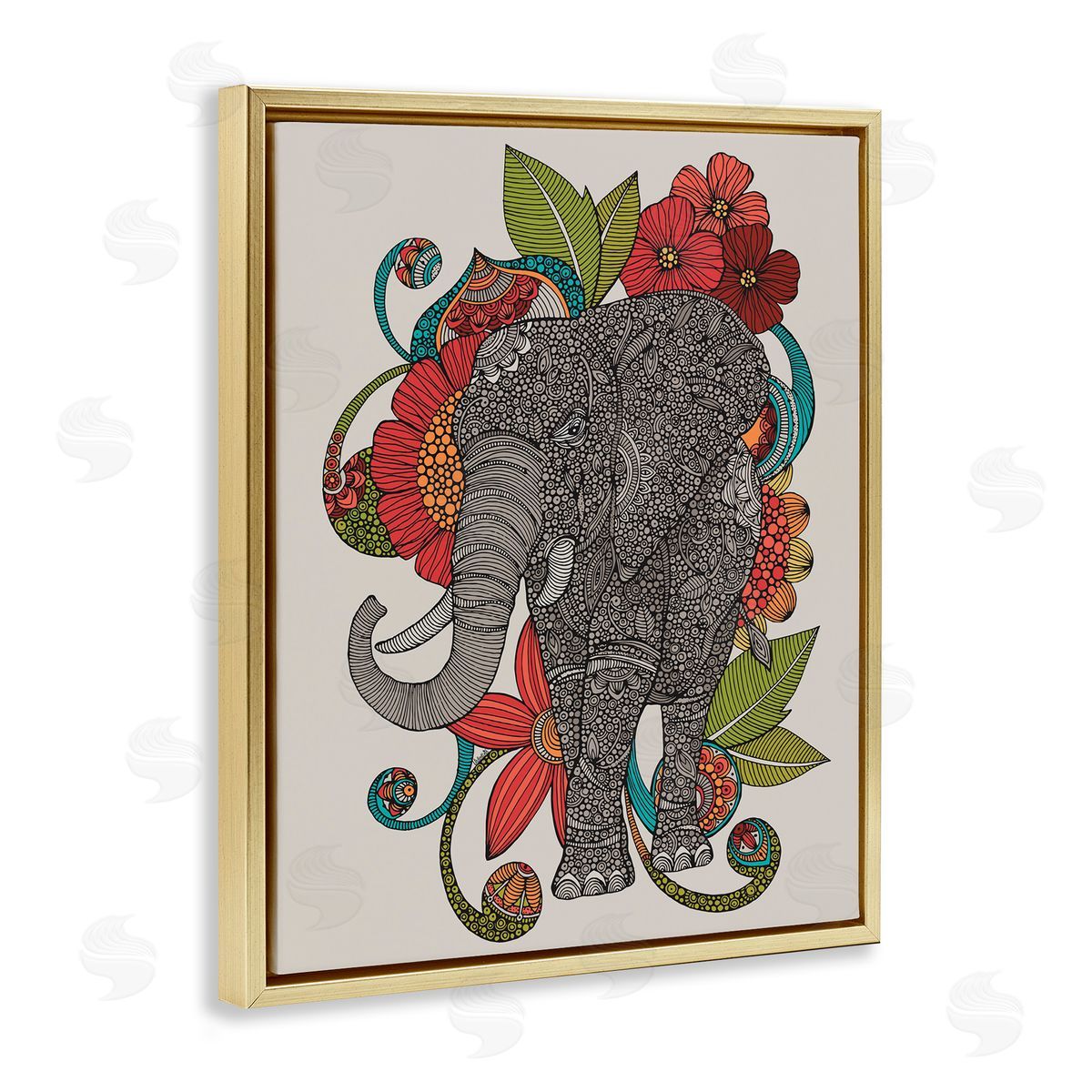Valentina Harper Wild Elephant Surrounded Elaborate Flower Mandala Patterns Gold Floating Frame Canvas Wall Art Print