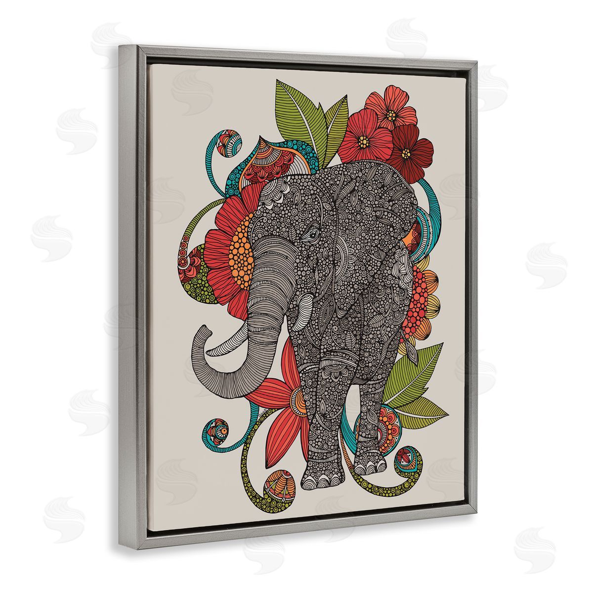 Valentina Harper Wild Elephant Surrounded Elaborate Flower Mandala Patterns Gray Floating Frame Canvas Wall Art Print
