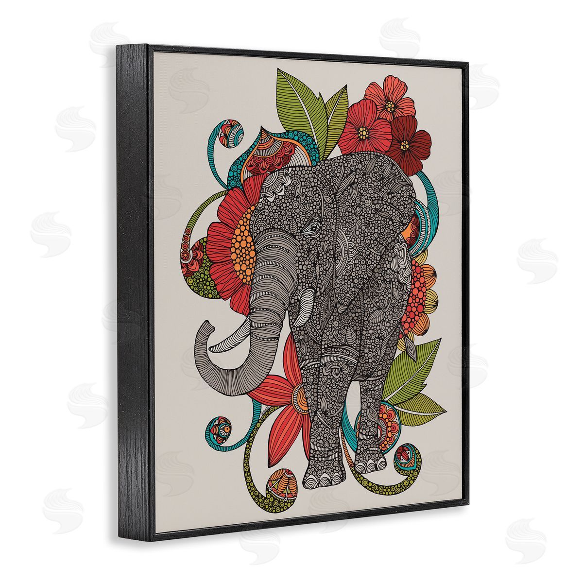 Valentina Harper Wild Elephant Surrounded Elaborate Flower Mandala Patterns Black Framed Giclee Wall Art Print