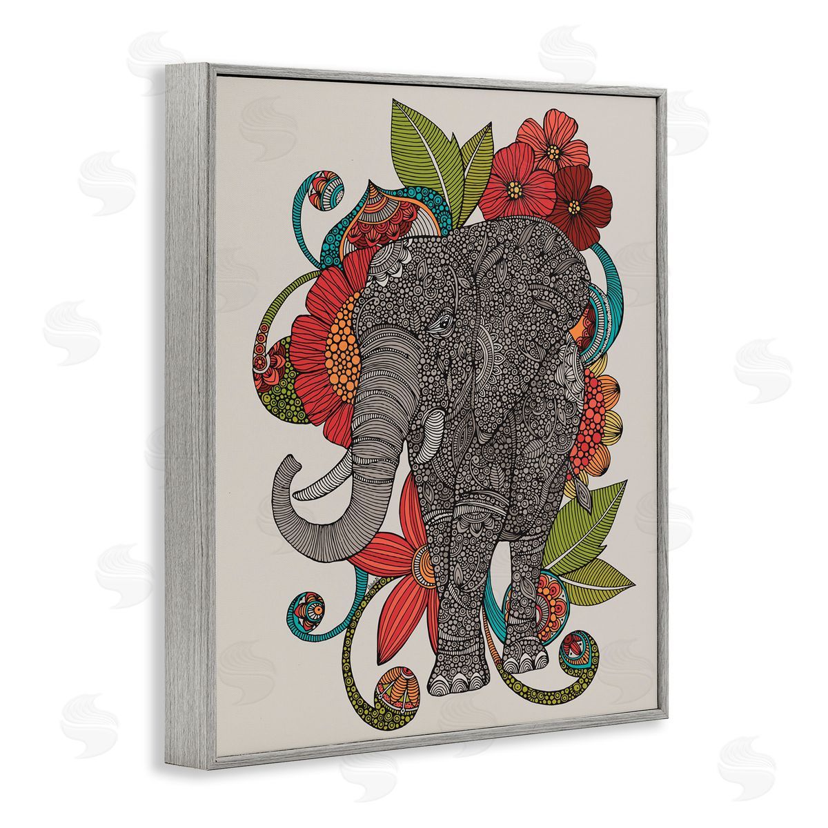 Valentina Harper Wild Elephant Surrounded Elaborate Flower Mandala Patterns Gray Framed Giclee Wall Art Print