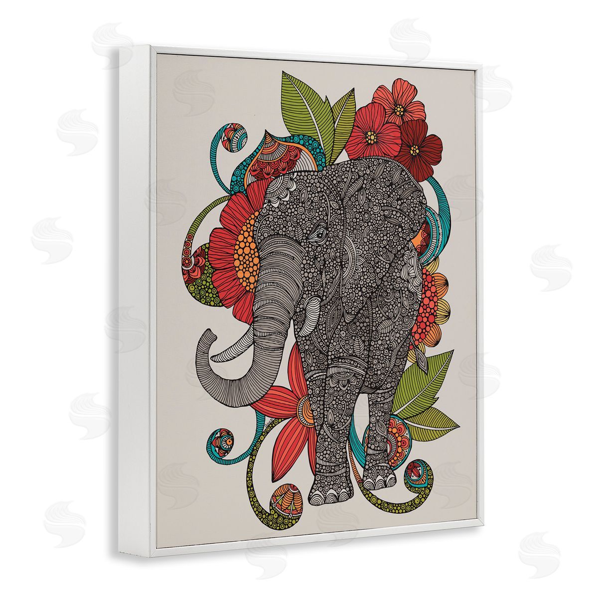 Valentina Harper Wild Elephant Surrounded Elaborate Flower Mandala Patterns White Framed Giclee Wall Art Print