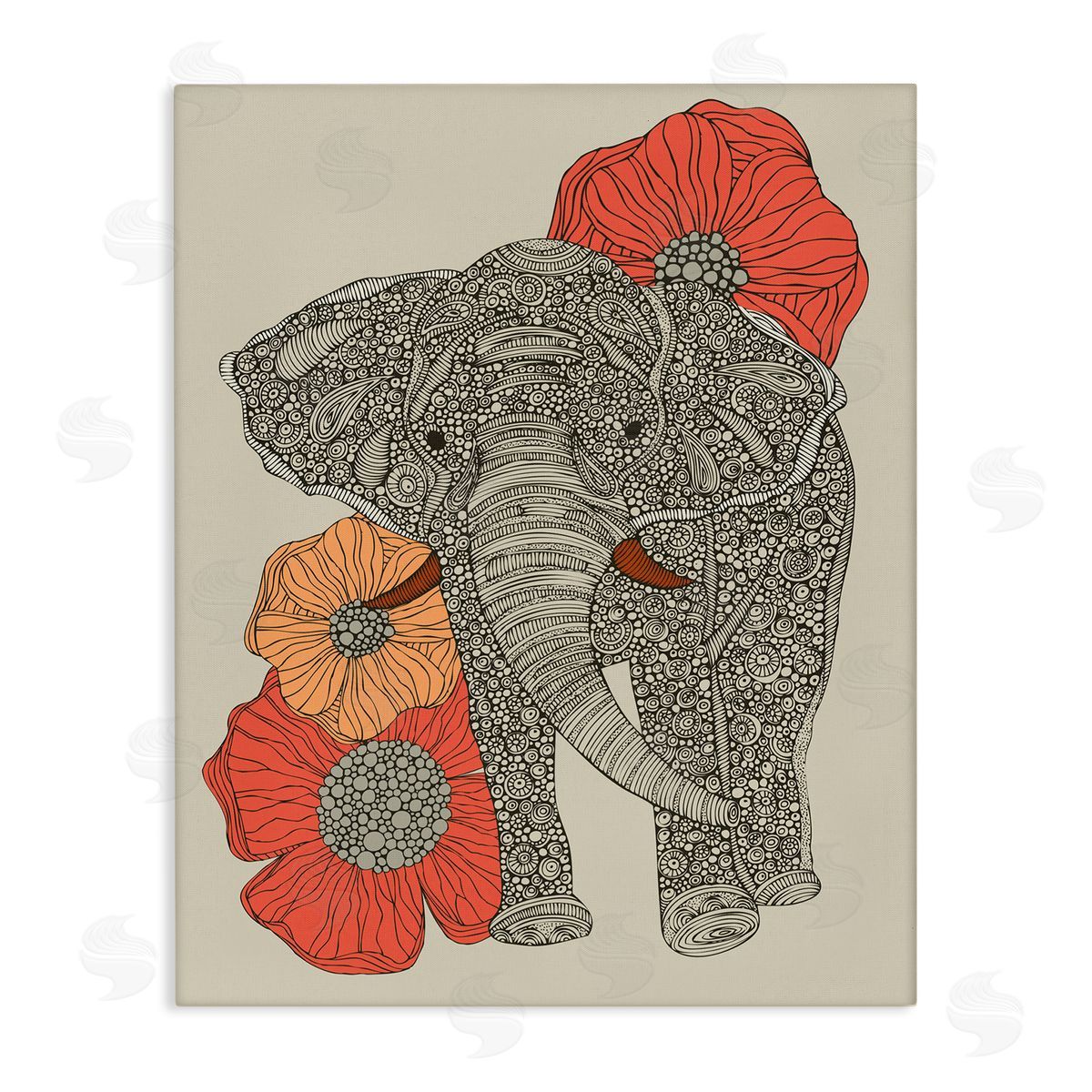 Valentina Harper Standing Elephant Bright Poppies Floral Paisley Fractals Stretched Canvas Wall Art Print