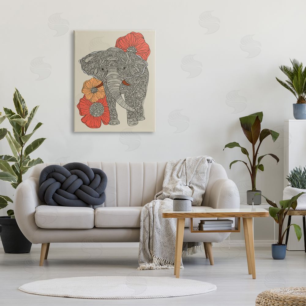 Valentina Harper Standing Elephant Bright Poppies Floral Paisley Fractals Canvas Wall Art Print in Room