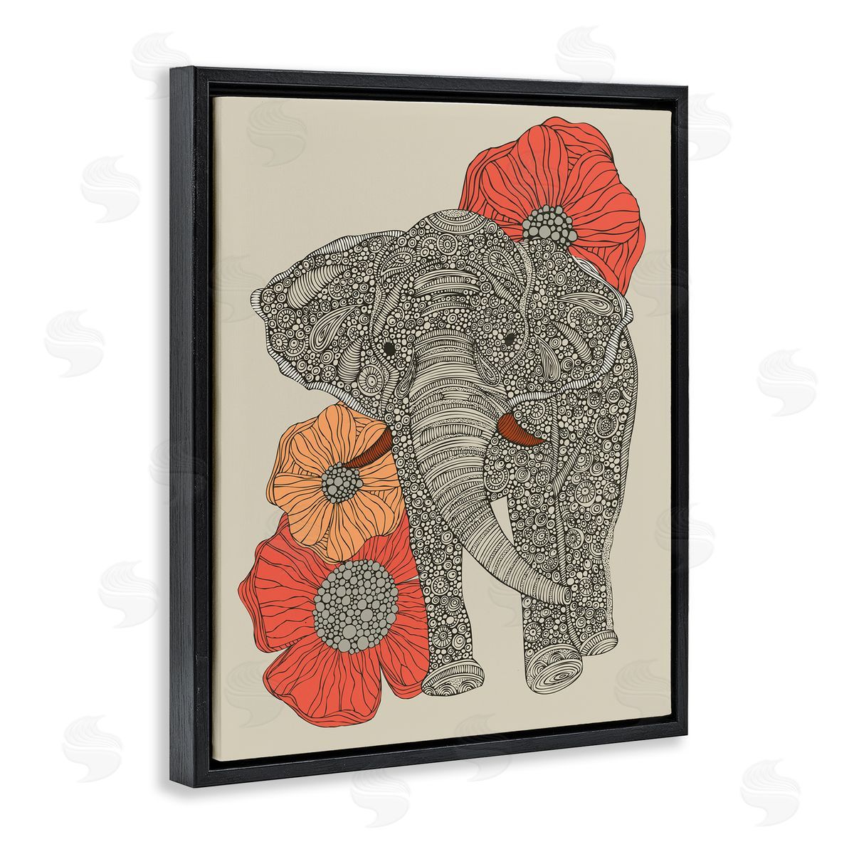 Valentina Harper Standing Elephant Bright Poppies Floral Paisley Fractals Black Floating Frame Canvas Wall Art Print