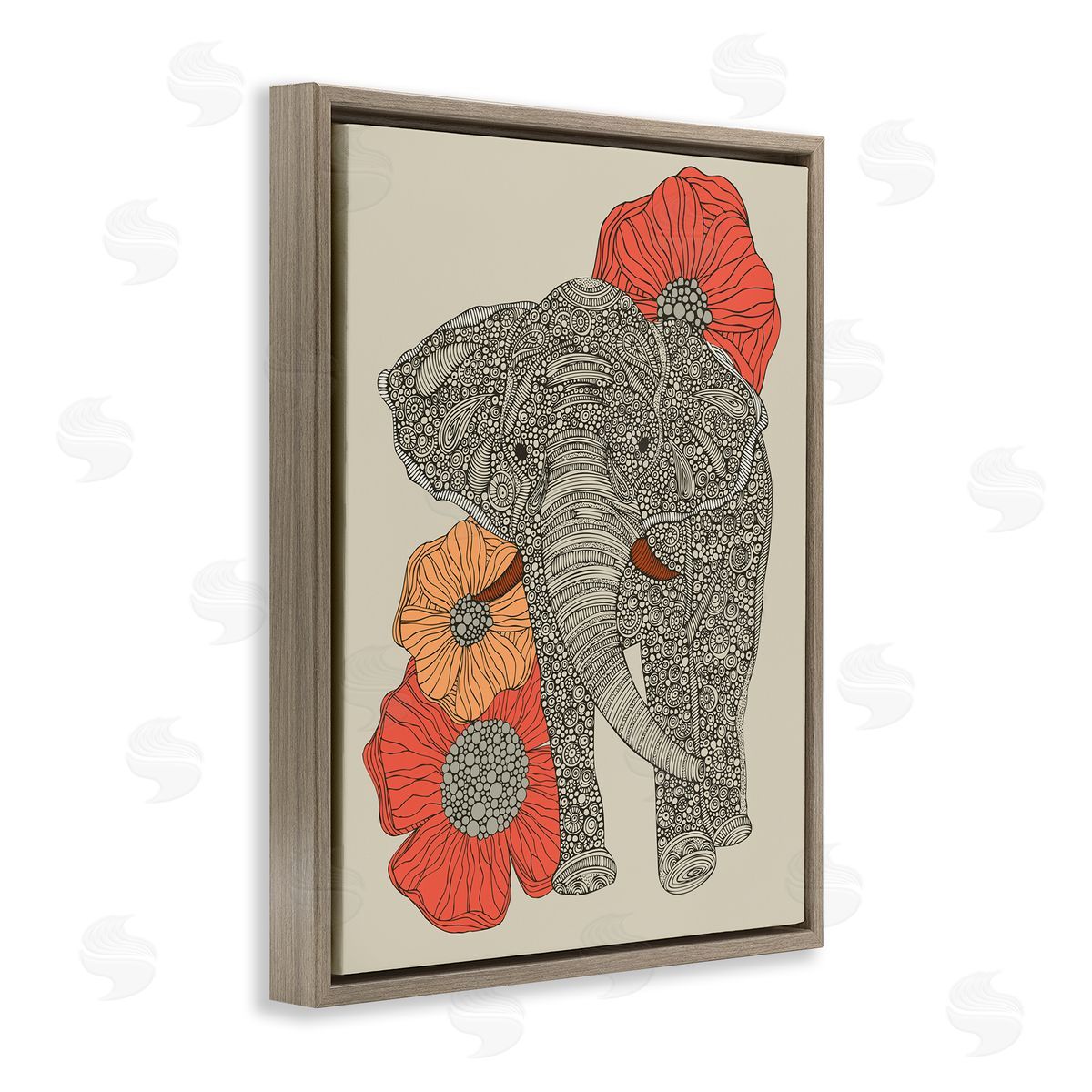 Valentina Harper Standing Elephant Bright Poppies Floral Paisley Fractals Brown Floating Frame Canvas Wall Art Print
