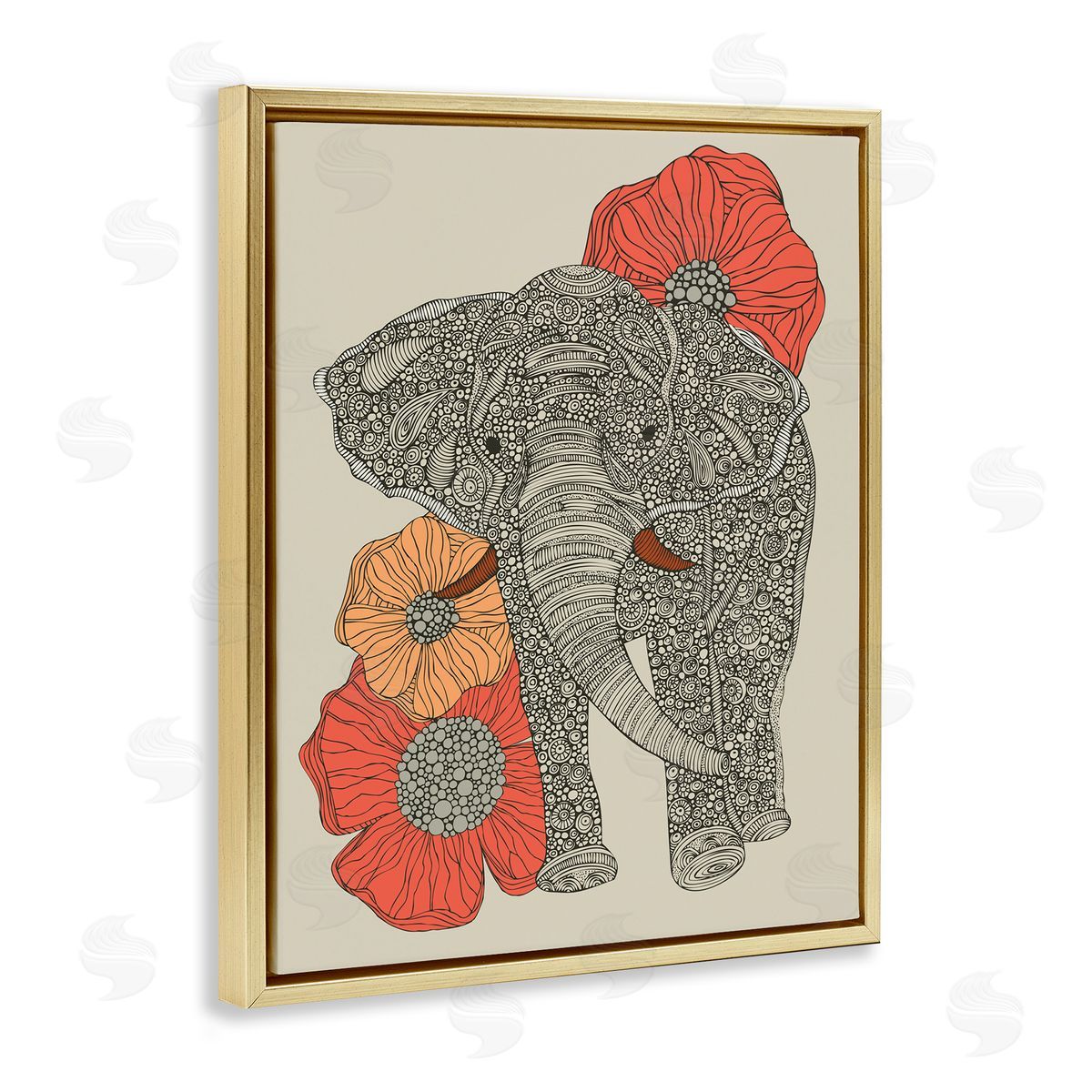Valentina Harper Standing Elephant Bright Poppies Floral Paisley Fractals Gold Floating Frame Canvas Wall Art Print