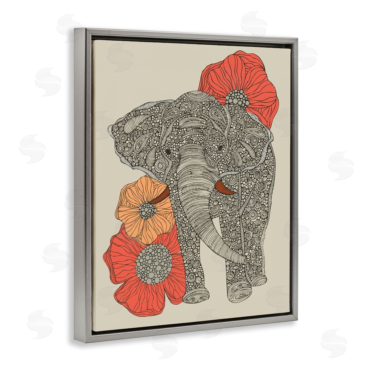 Valentina Harper Standing Elephant Bright Poppies Floral Paisley Fractals Gray Floating Frame Canvas Wall Art Print