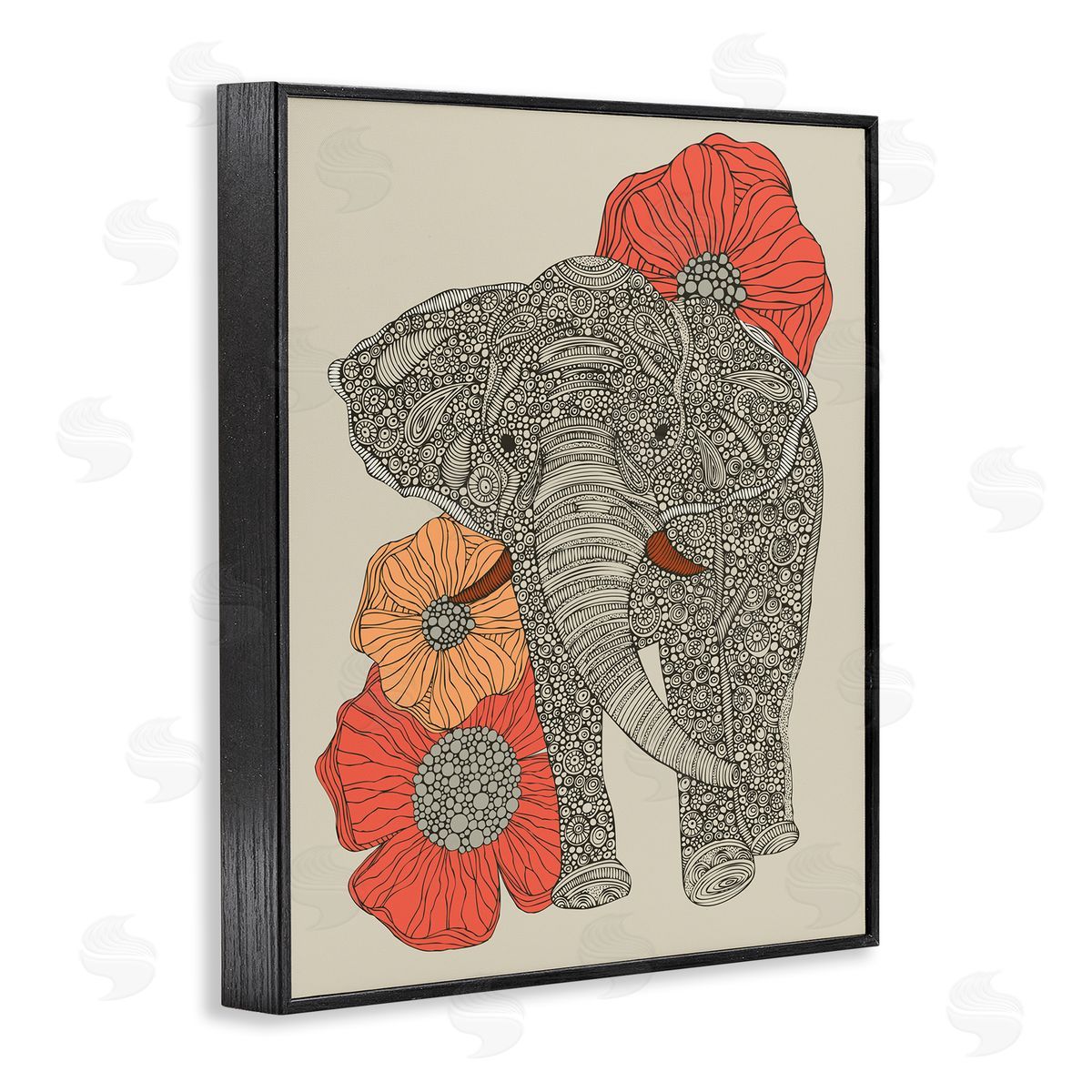 Valentina Harper Standing Elephant Bright Poppies Floral Paisley Fractals Black Framed Giclee Wall Art Print