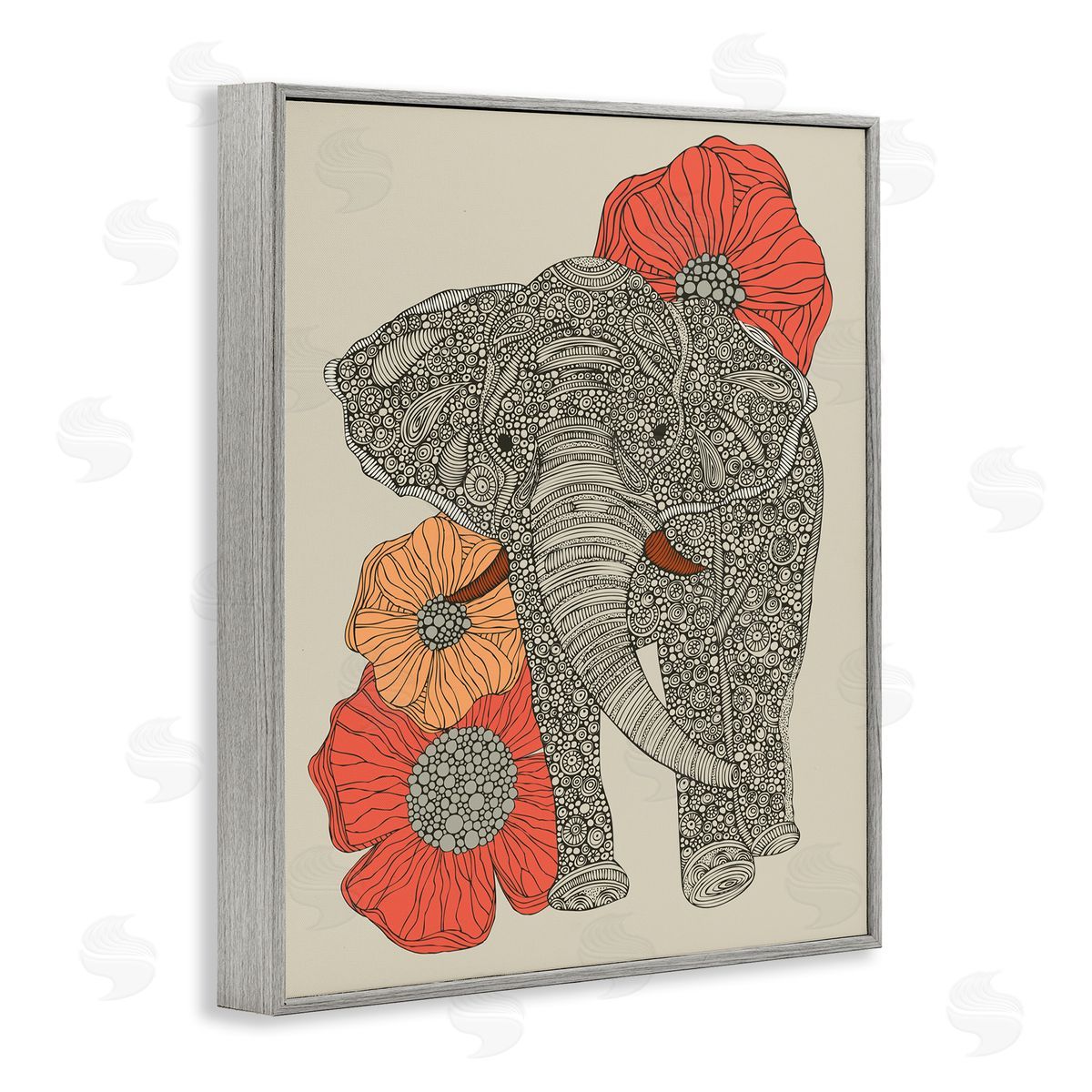 Valentina Harper Standing Elephant Bright Poppies Floral Paisley Fractals Gray Framed Giclee Wall Art Print