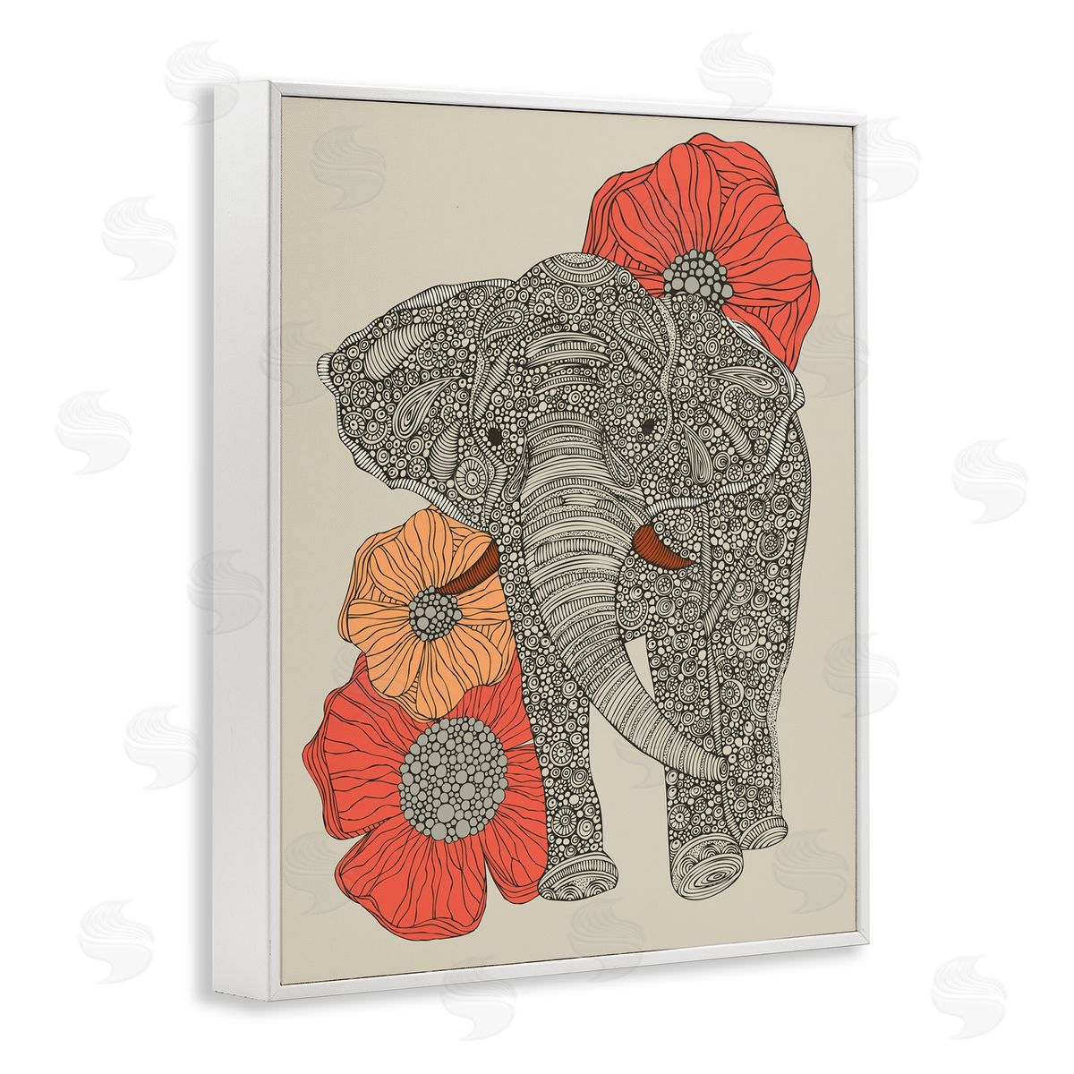 Valentina Harper Standing Elephant Bright Poppies Floral Paisley Fractals White Framed Giclee Wall Art Print