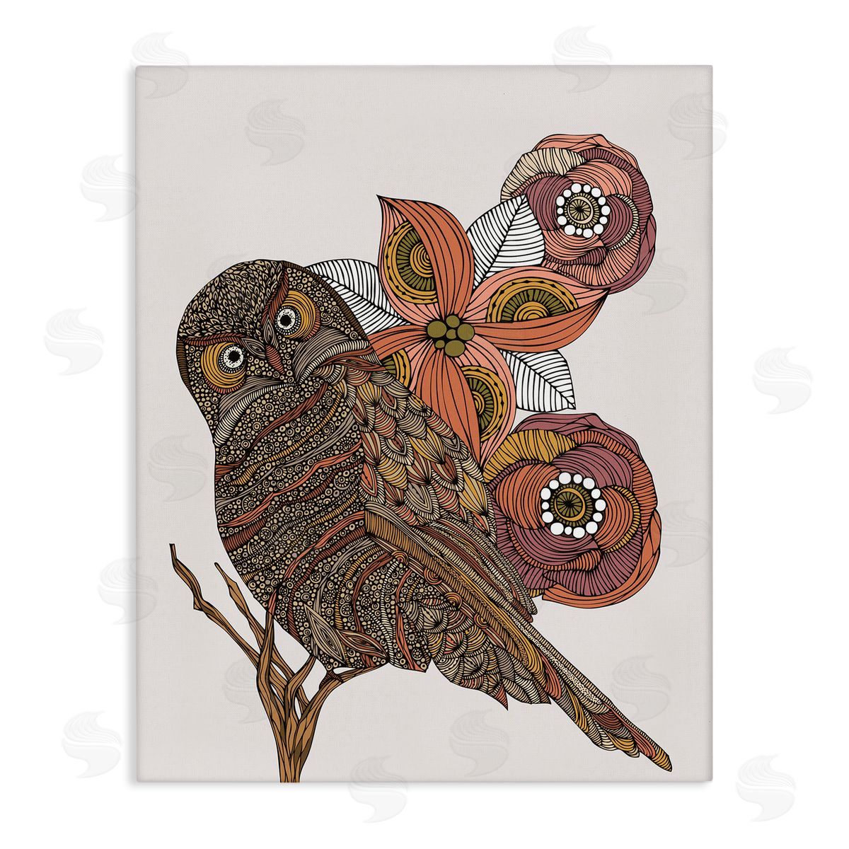 Valentina Harper Elaborate Patterned Owl Flower Blossom Stripes Detail Stretched Canvas Wall Art Print