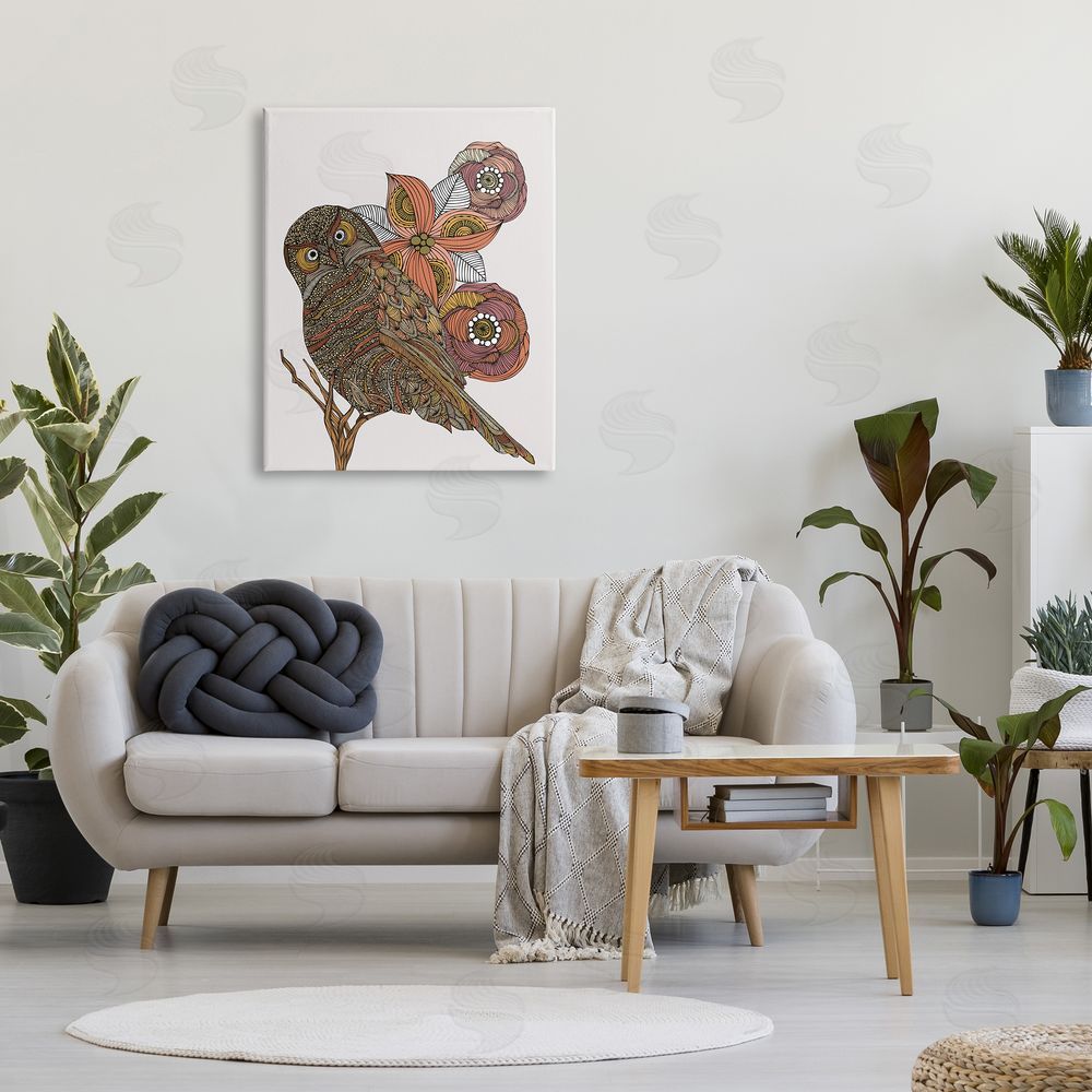 Valentina Harper Elaborate Patterned Owl Flower Blossom Stripes Detail Canvas Wall Art Print in Room