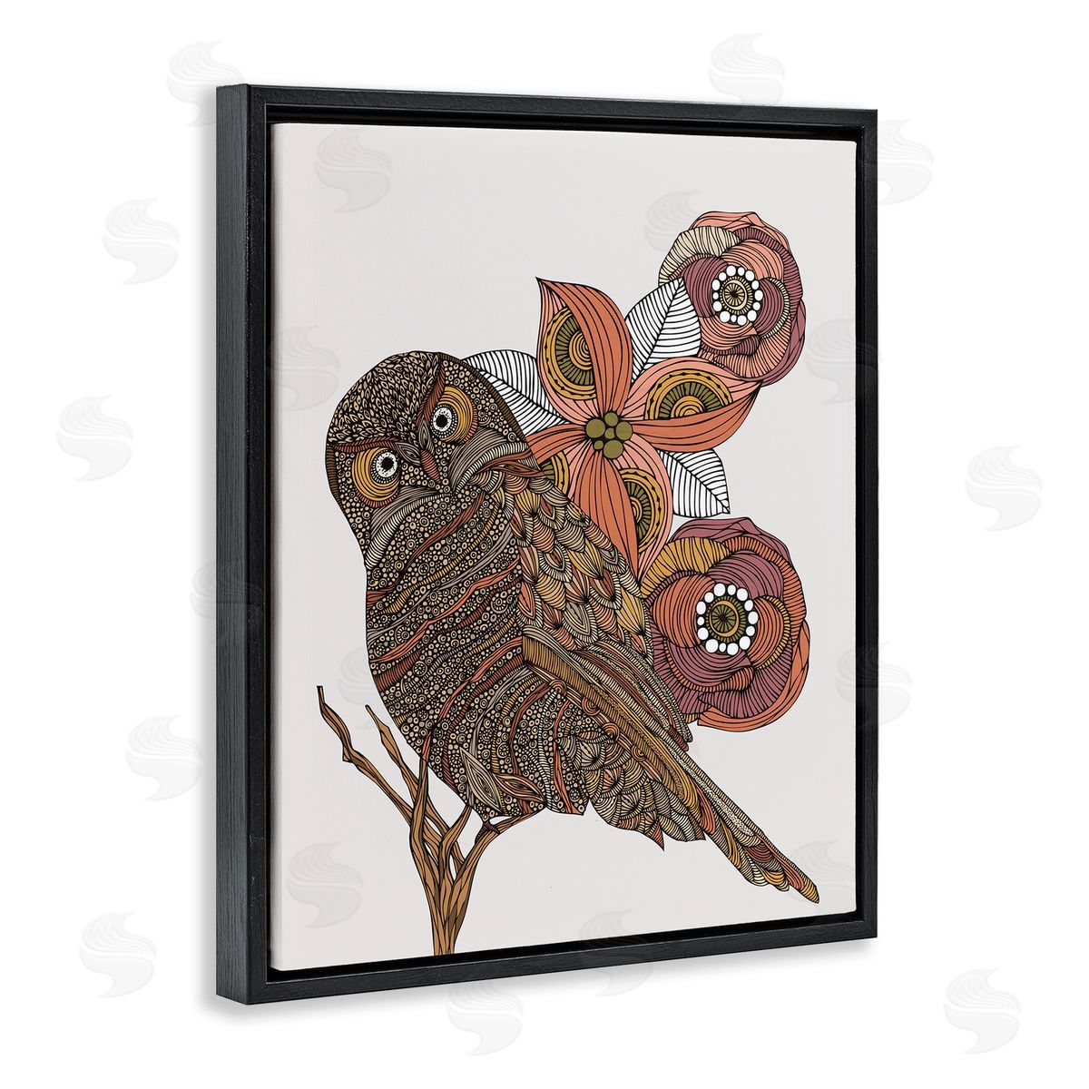 Valentina Harper Elaborate Patterned Owl Flower Blossom Stripes Detail Black Floating Frame Canvas Wall Art Print