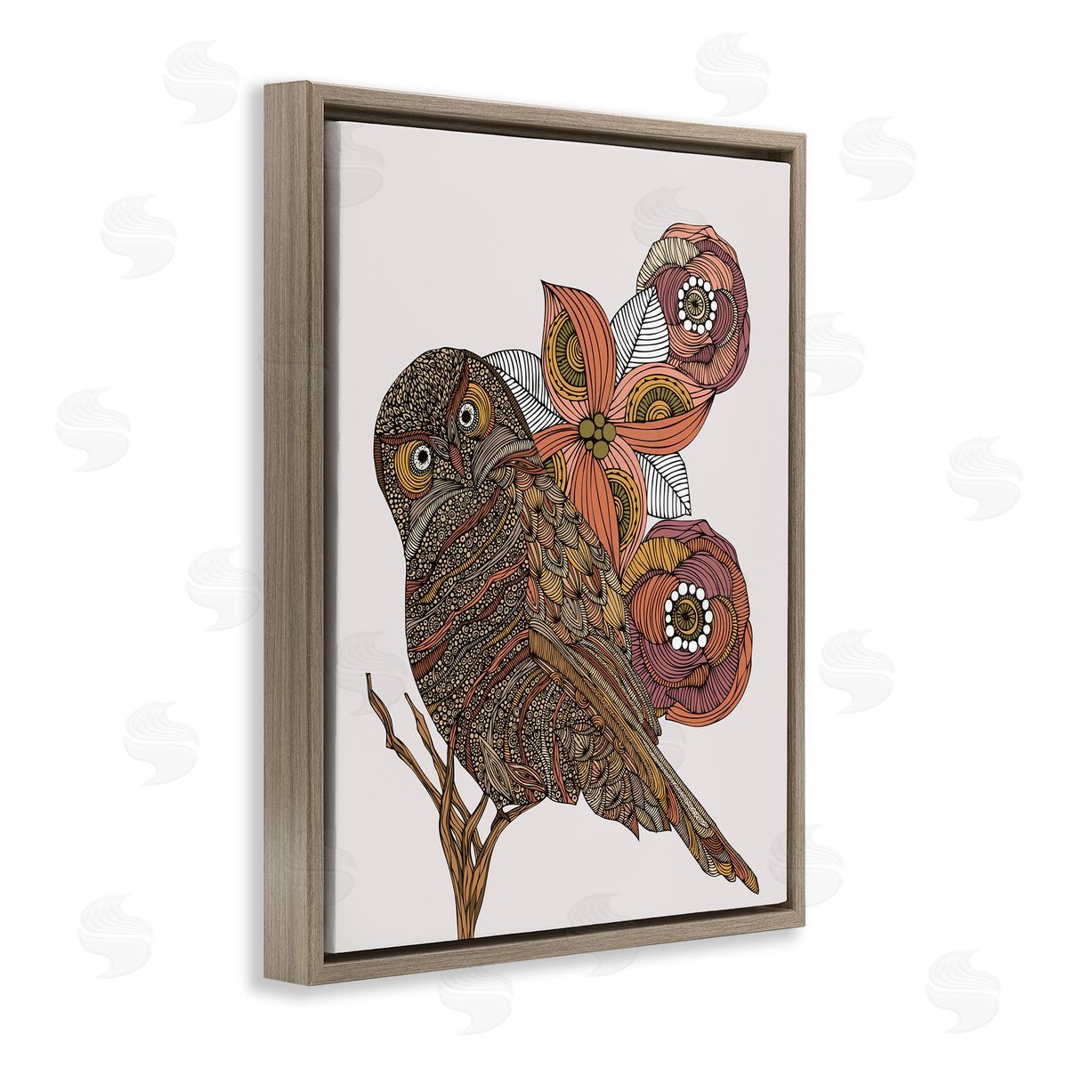 Valentina Harper Elaborate Patterned Owl Flower Blossom Stripes Detail Brown Floating Frame Canvas Wall Art Print