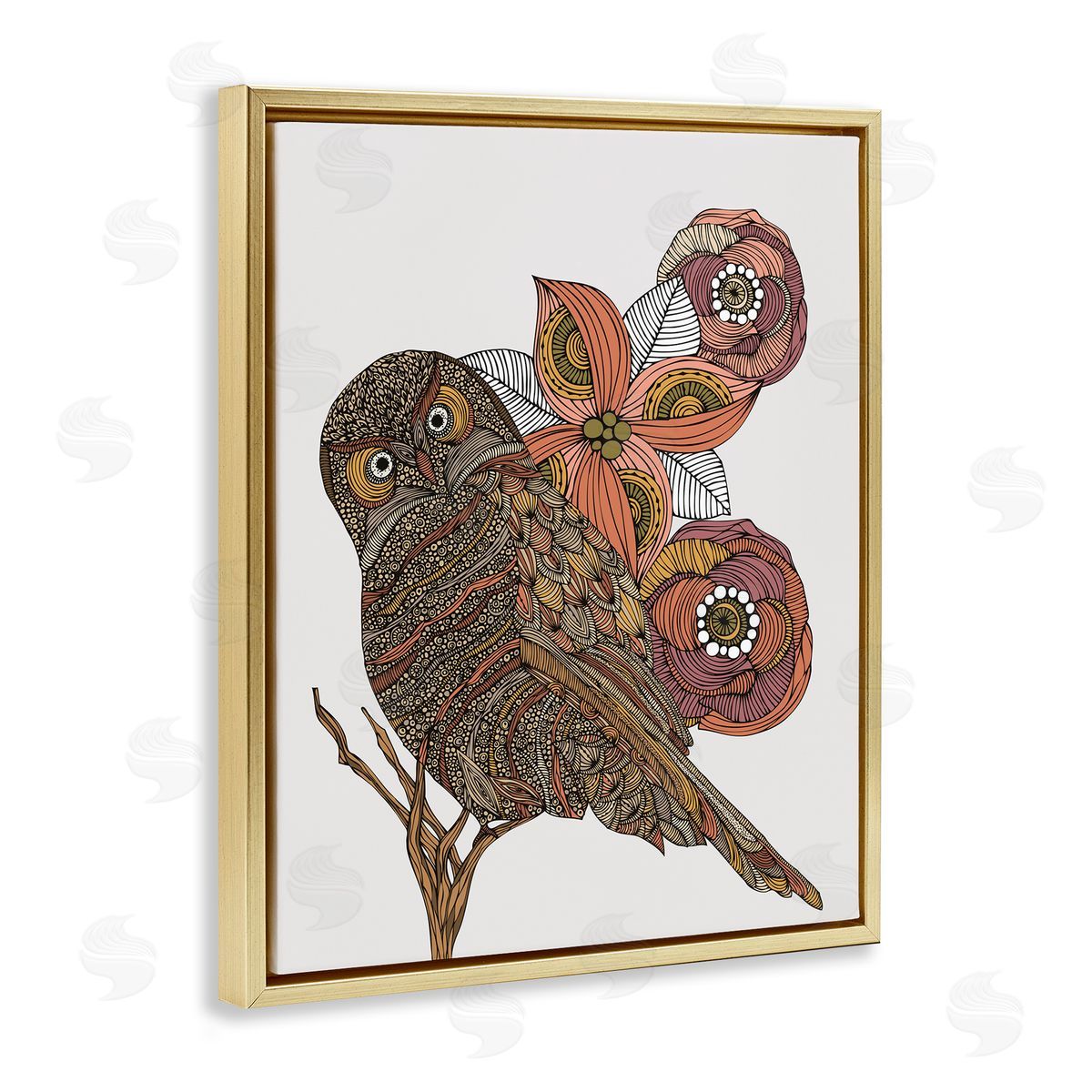 Valentina Harper Elaborate Patterned Owl Flower Blossom Stripes Detail Gold Floating Frame Canvas Wall Art Print