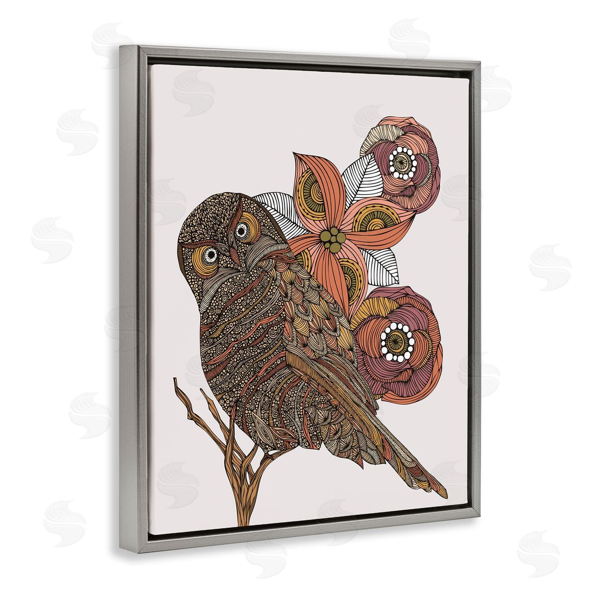 Valentina Harper Elaborate Patterned Owl Flower Blossom Stripes Detail Gray Floating Frame Canvas Wall Art Print