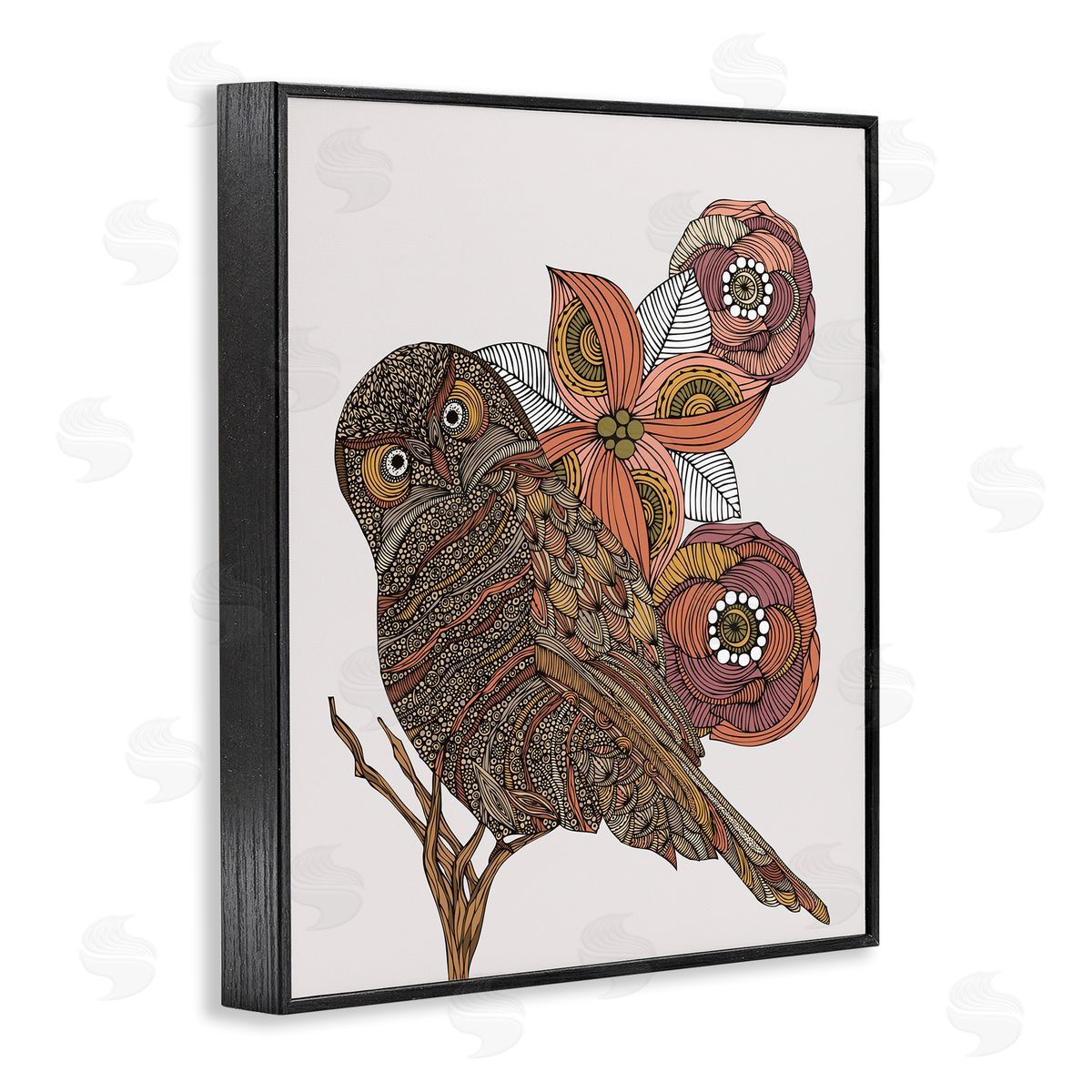 Valentina Harper Elaborate Patterned Owl Flower Blossom Stripes Detail Black Framed Giclee Wall Art Print