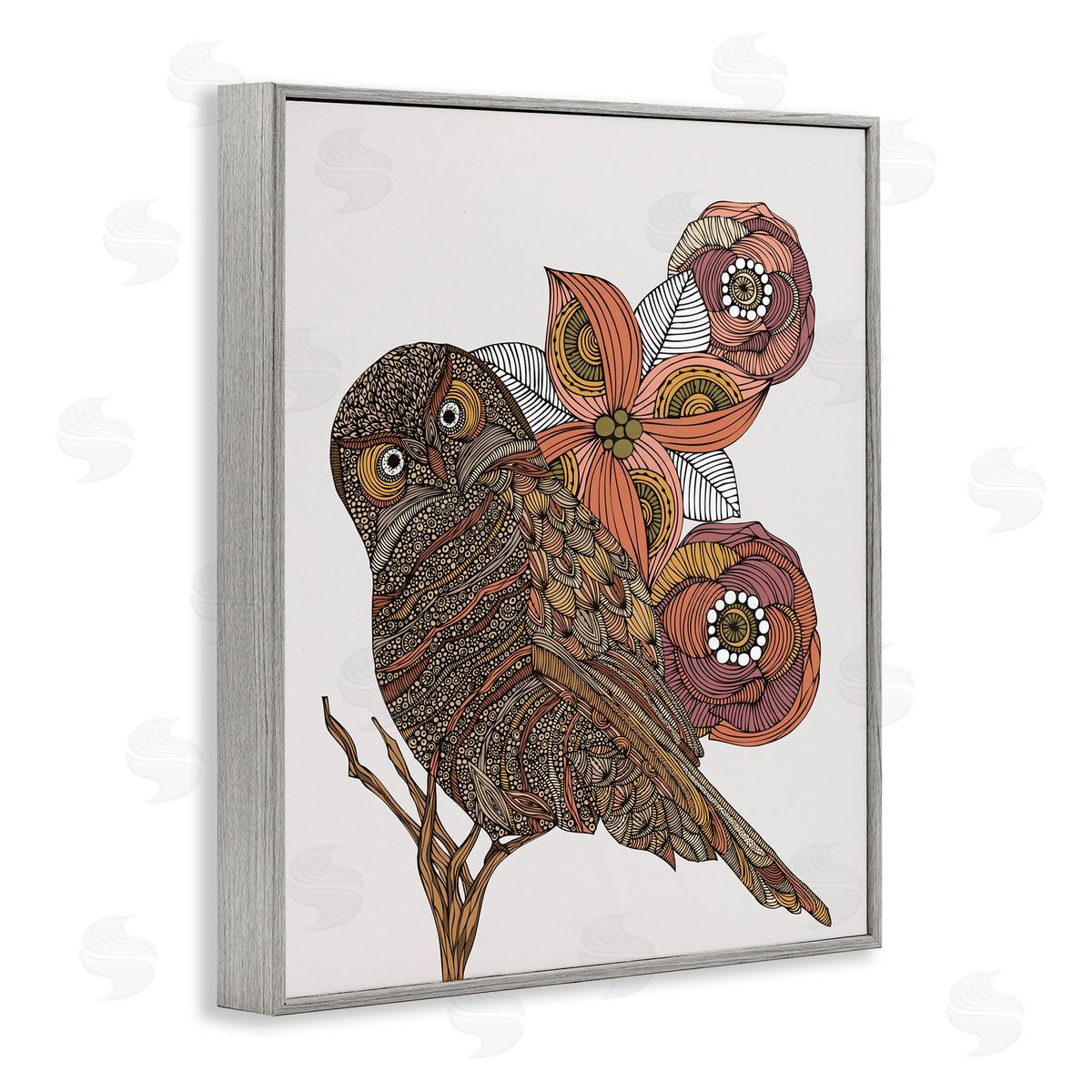Valentina Harper Elaborate Patterned Owl Flower Blossom Stripes Detail Gray Framed Giclee Wall Art Print